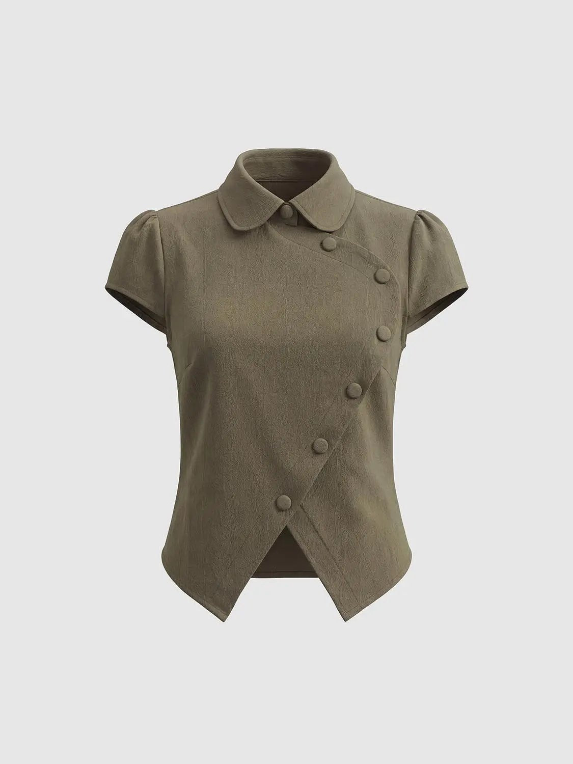 Button Front Collar Short Sleeve Cotton Blend Top