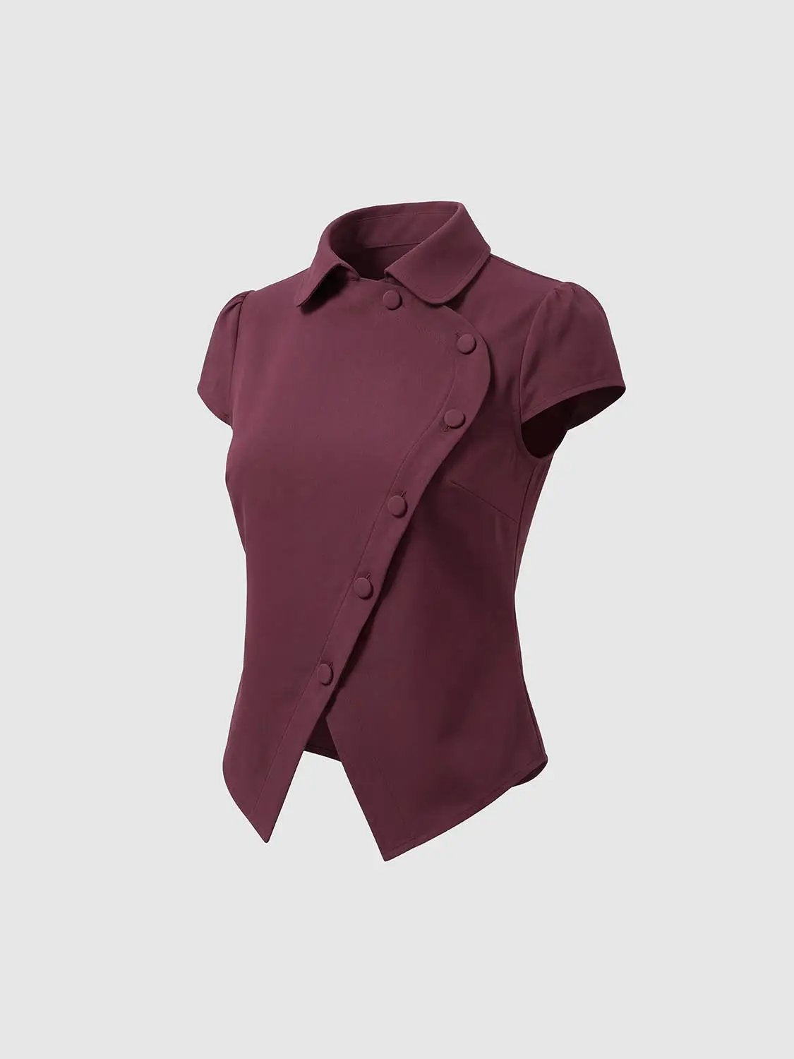 Button Front Collar Short Sleeve Cotton Blend Top