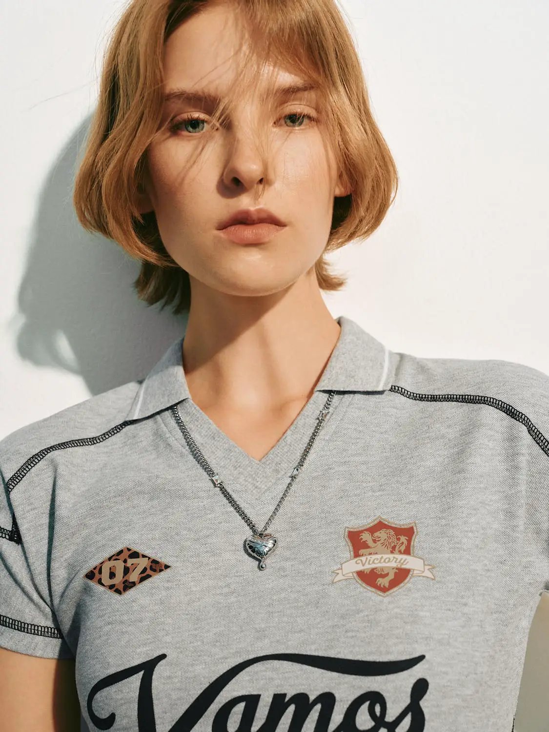 Shoulder Seam Piping Detail Polo Cotton Neck T-Shirt