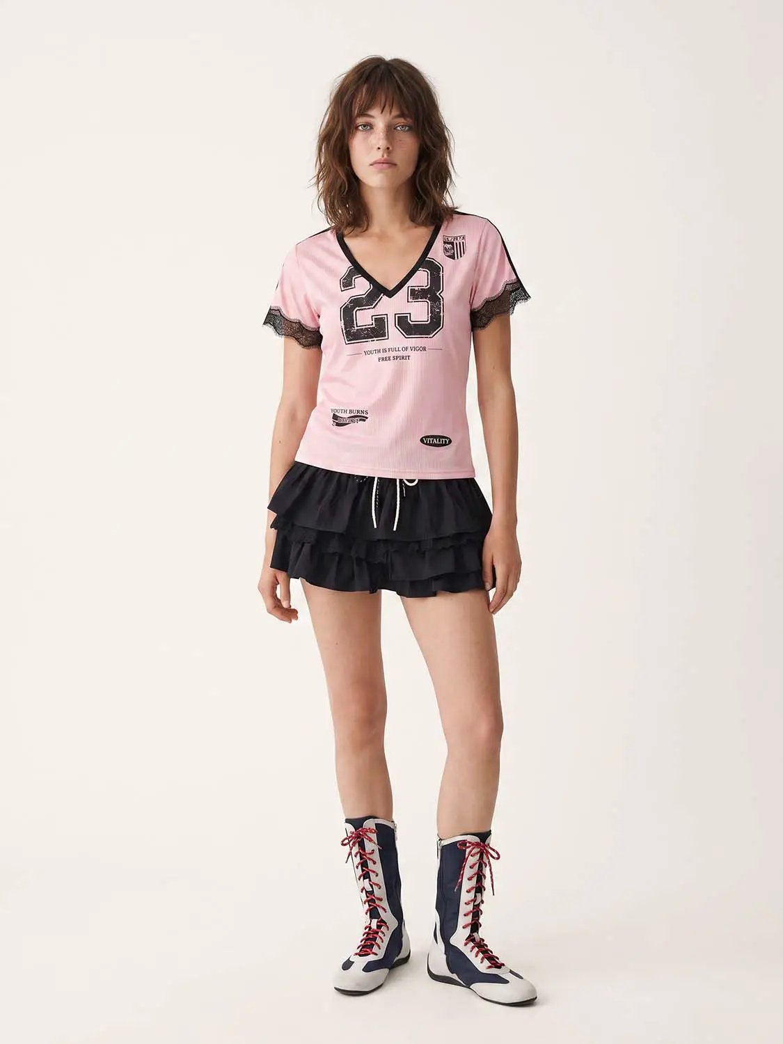 Distressed Number Graphic With Lace Sleeves T-shirt