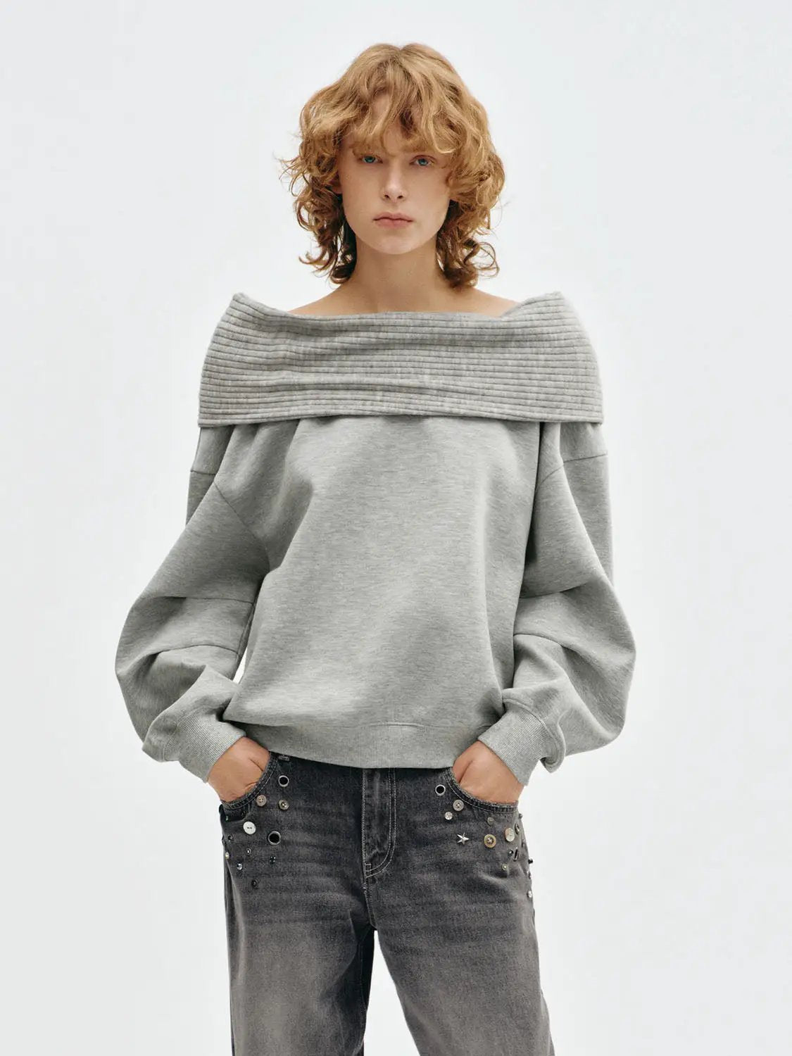 Folded Collar Off-Shoulder Long Sleeve Sweatshirt