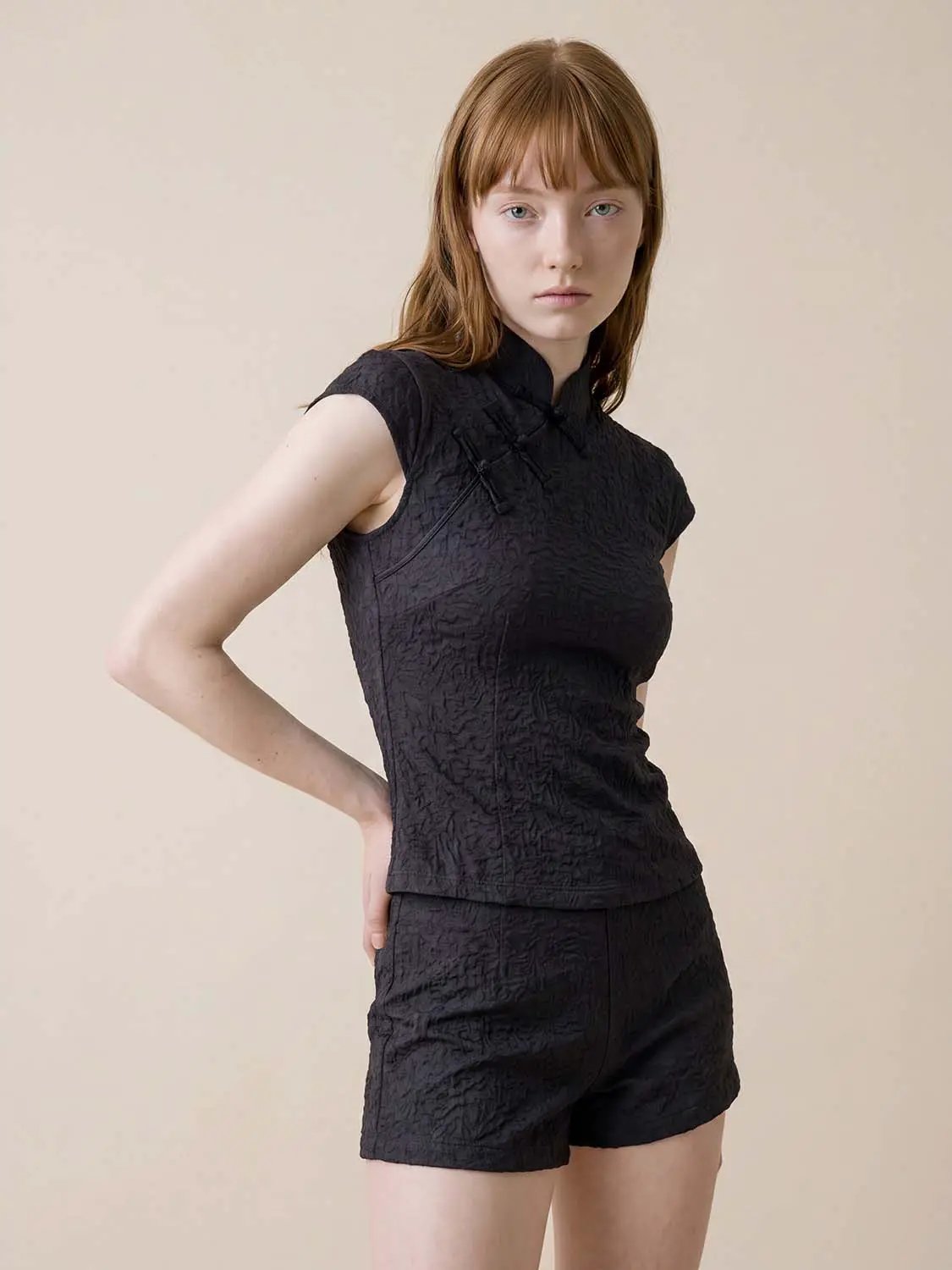 Textured Mandarin Collar Short Sleeve Blouse
