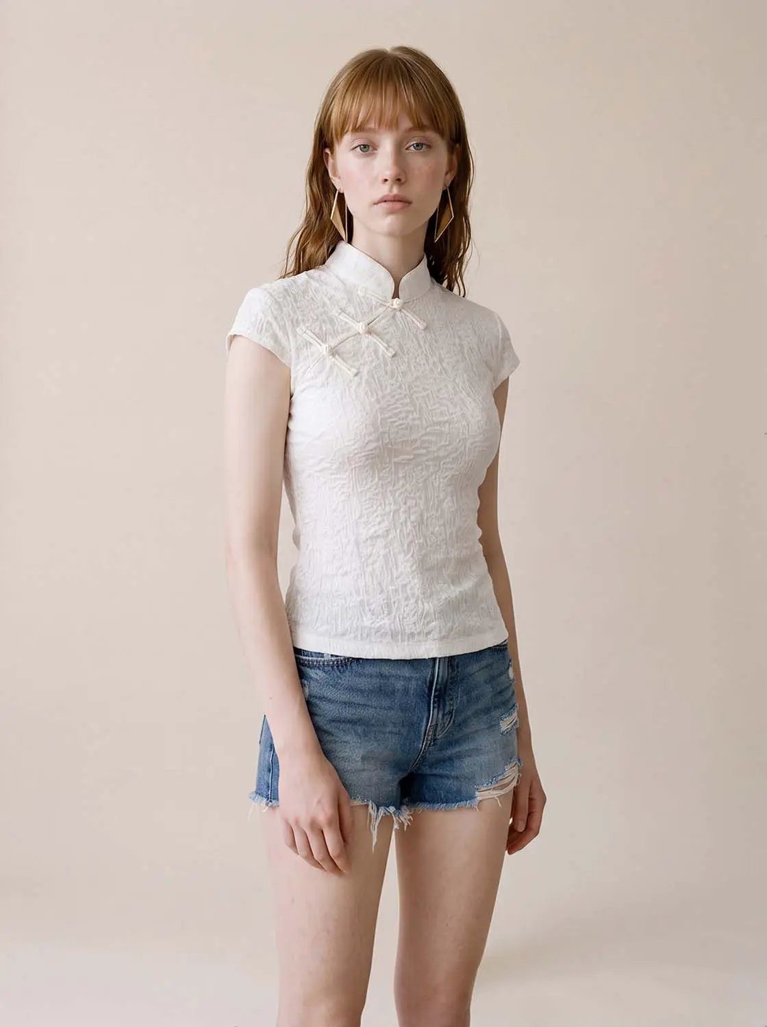 Textured Mandarin Collar Short Sleeve Blouse