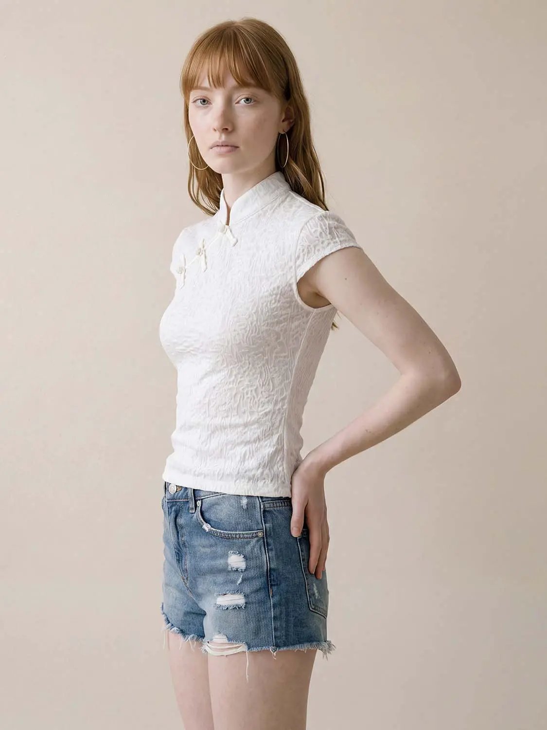 Textured Mandarin Collar Short Sleeve Blouse