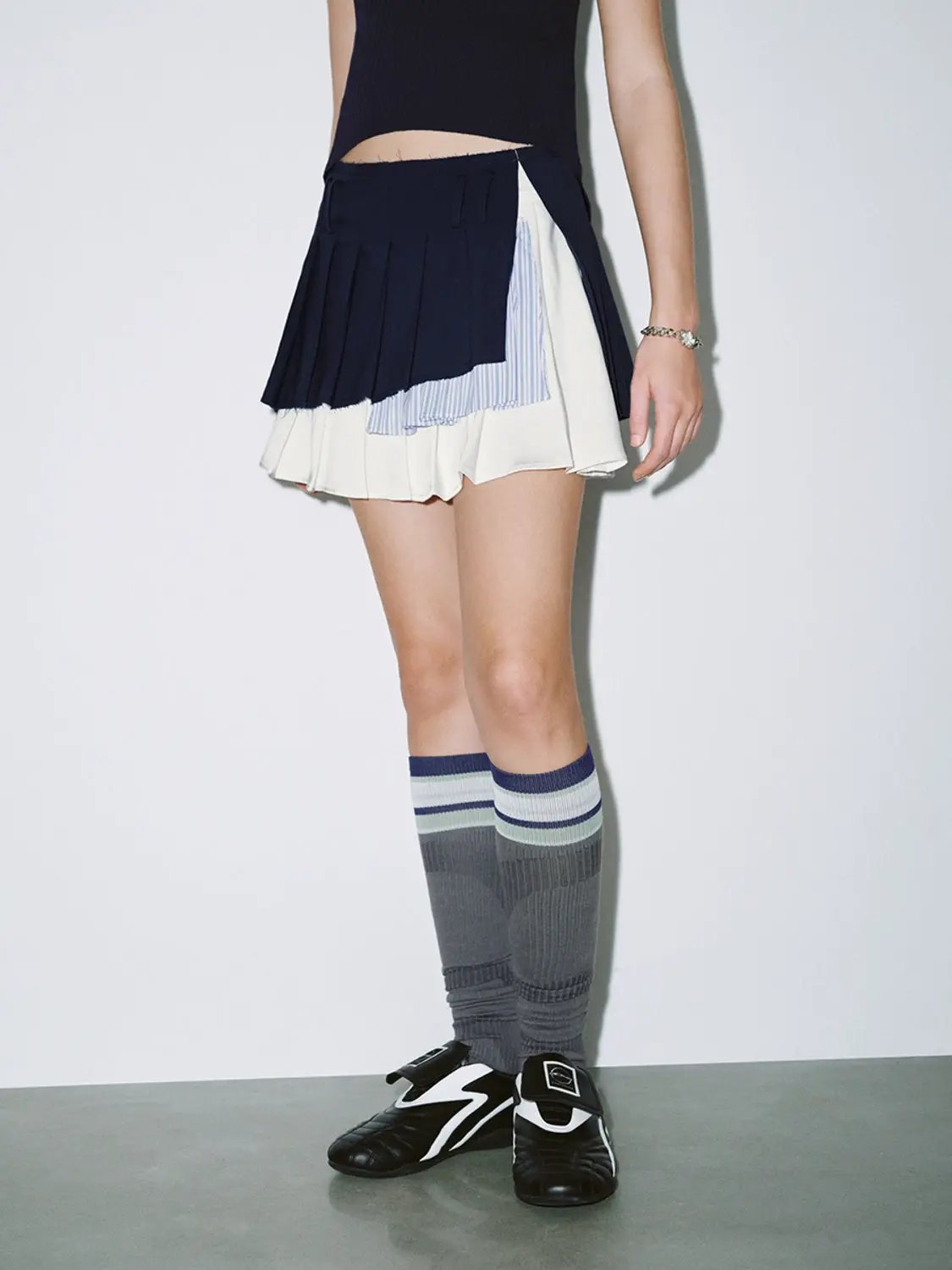 Stripe Paneled Layered Pleated Cotton Mini Skirt
