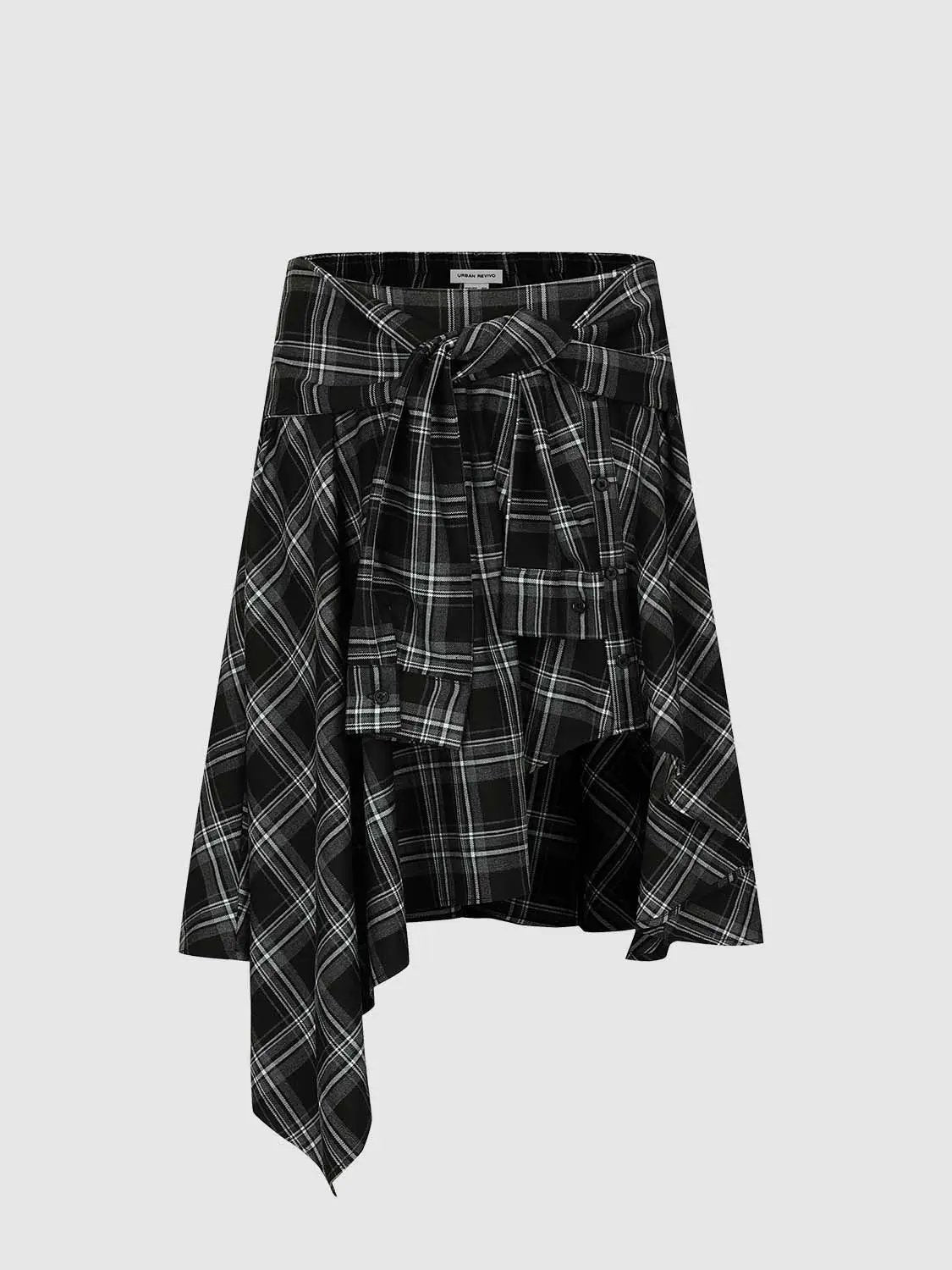 Contrast Check Knot Front A-Line Midi Skirt