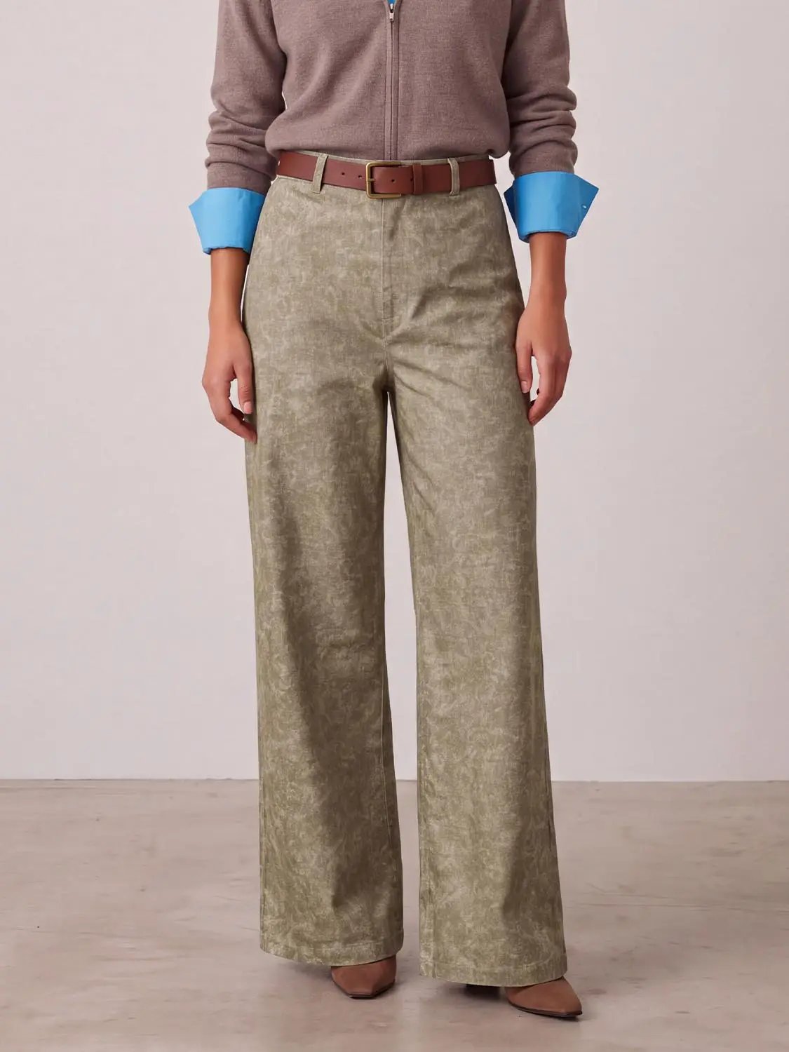 Button Fly Waist Textured Stretch Cotton Straight Leg Pants