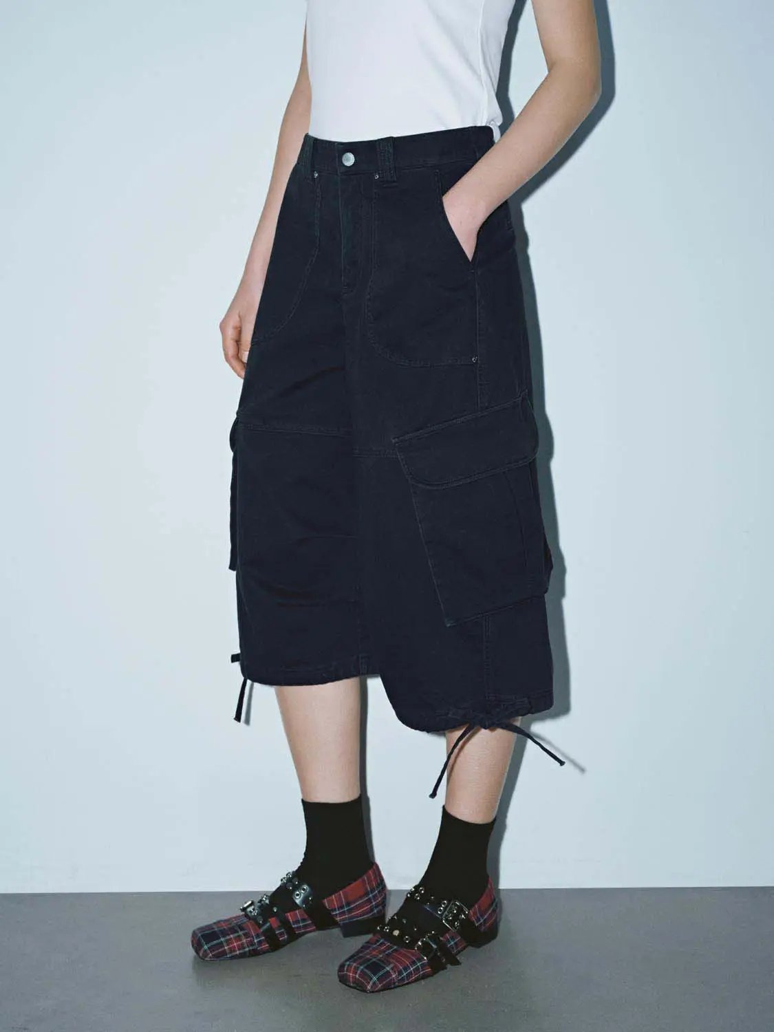 Multi Pocket Drawstring Hem Wide Leg Cargo Culottes