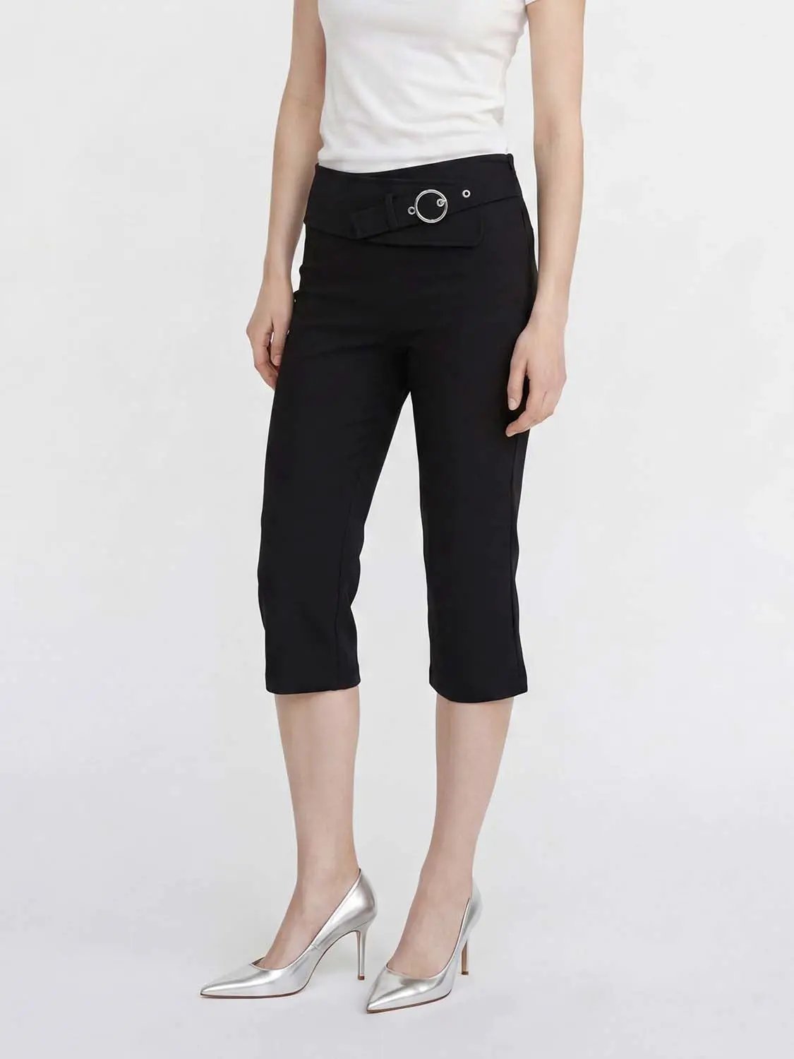 Belted Ring Buckle Cropped Straight Leg Pants