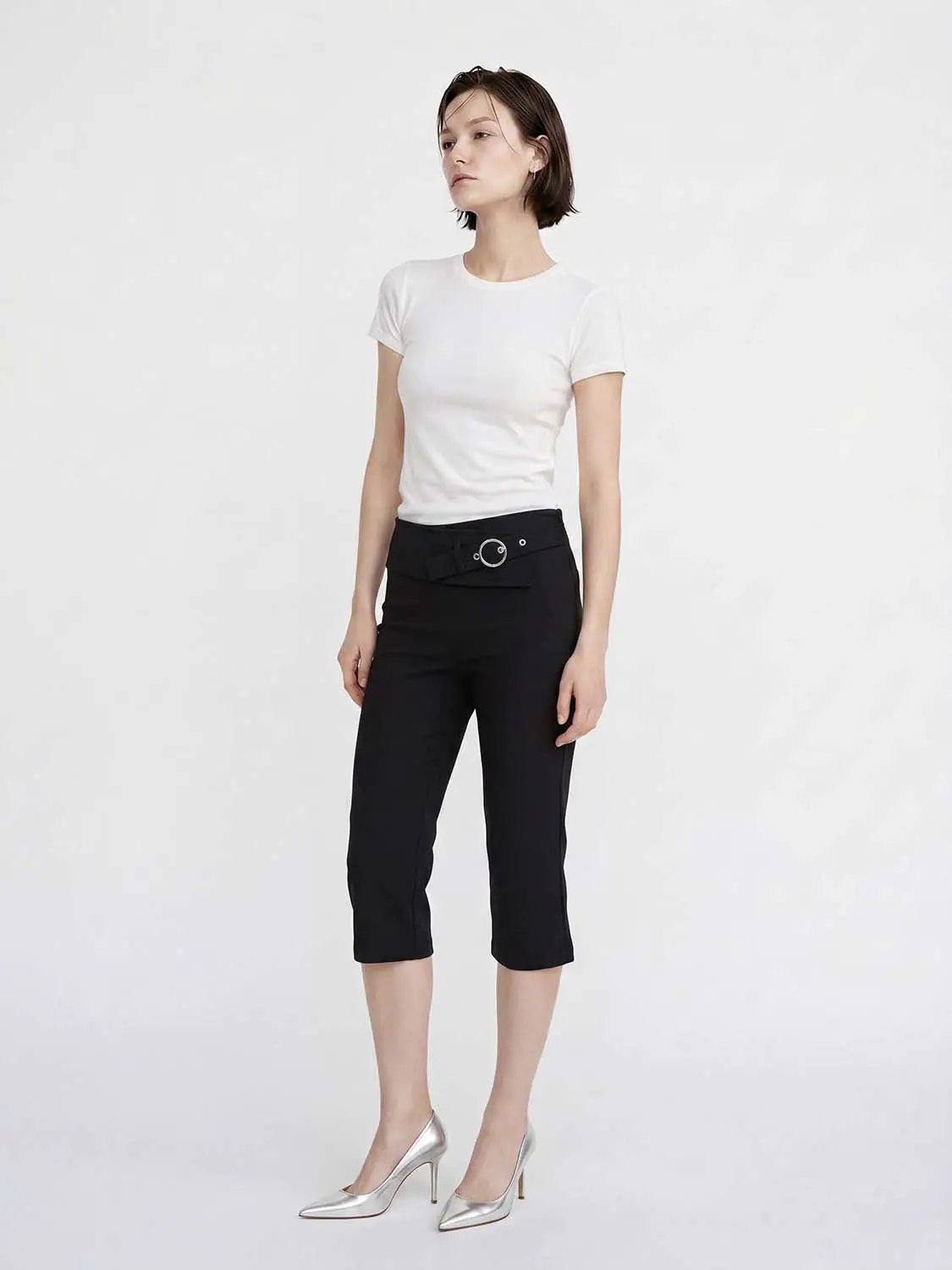 Belted Ring Buckle Cropped Straight Leg Pants