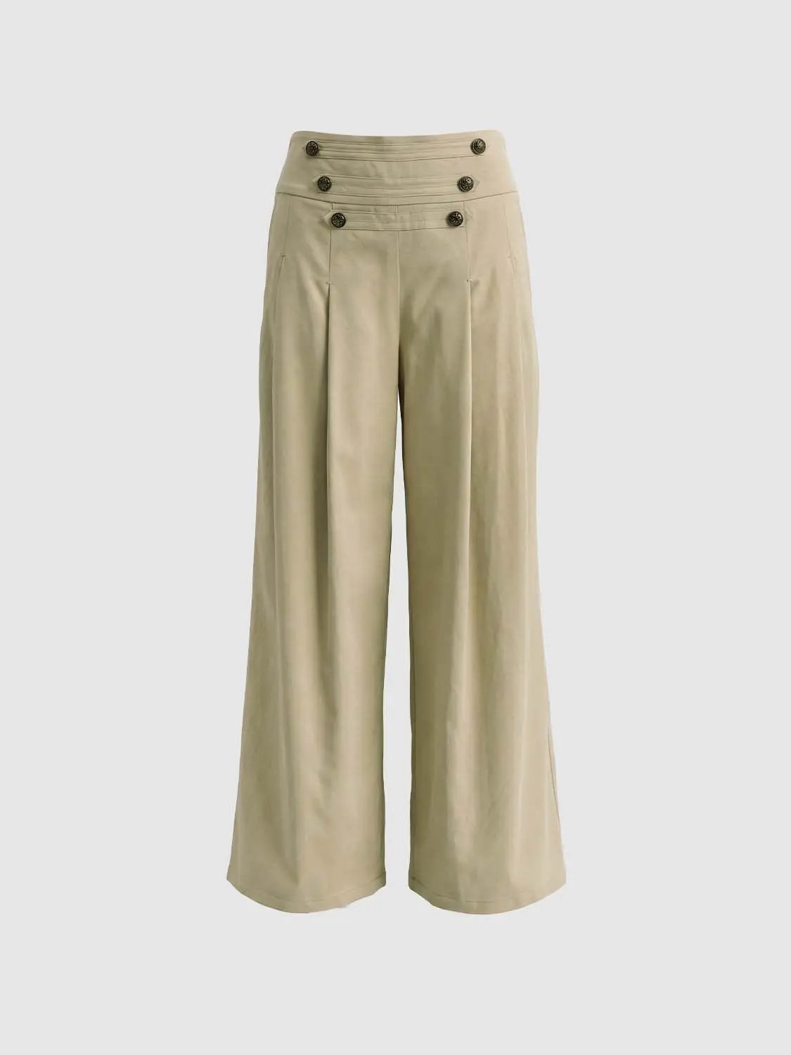Pleated Button-Detail Waist Wide-Leg Pants
