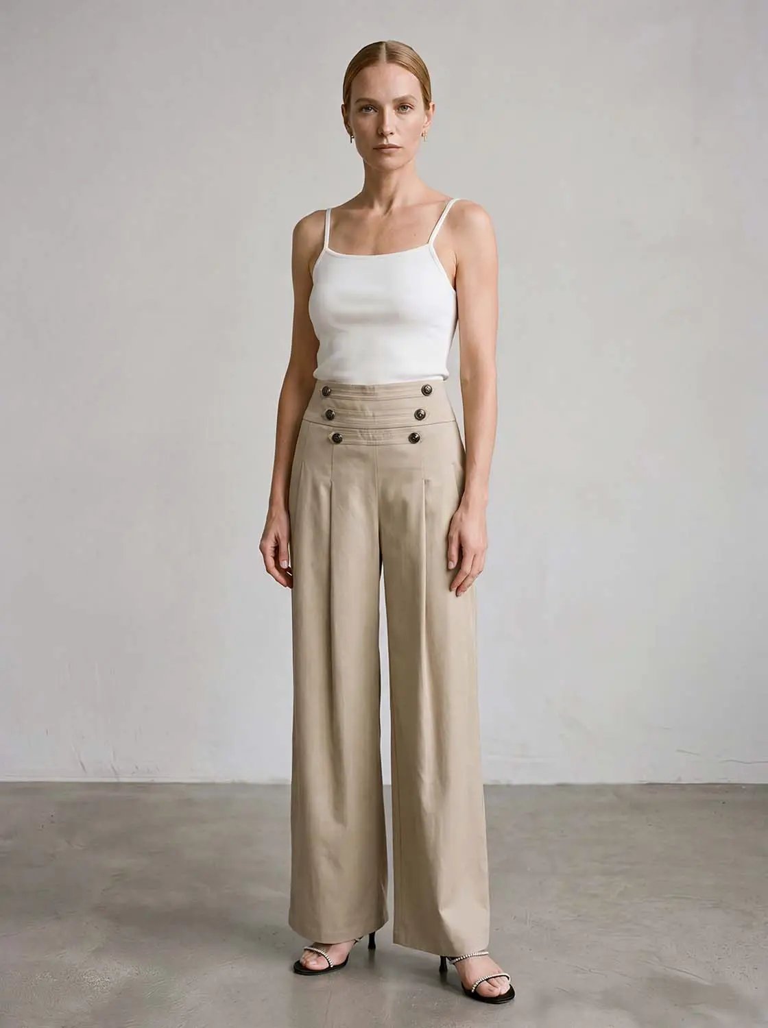 Pleated Button-Detail Waist Wide-Leg Pants