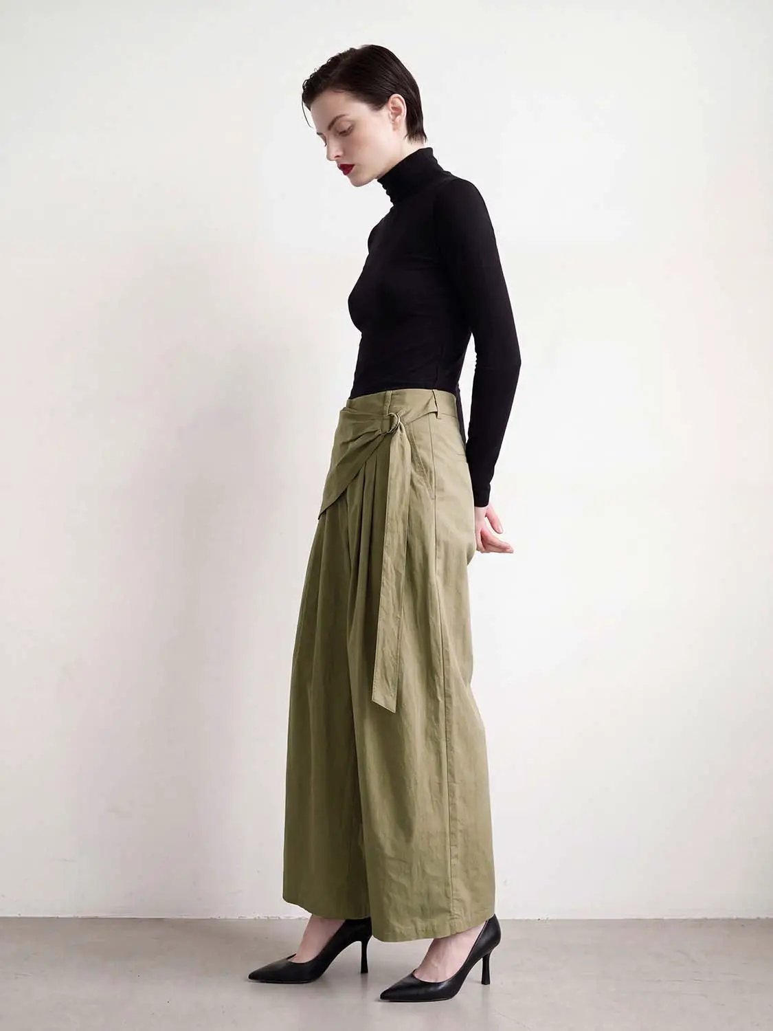 Wrap Pleated Mid-rise Cotton Wide-leg Pants