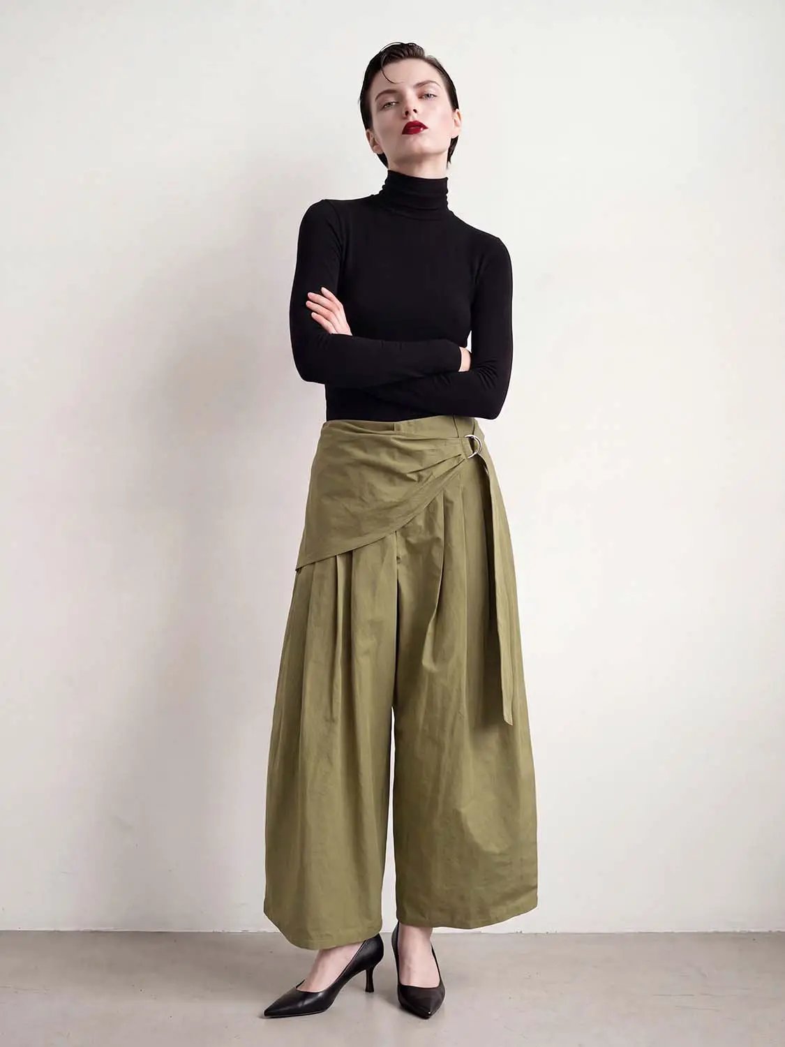 Wrap Pleated Mid-rise Cotton Wide-leg Pants