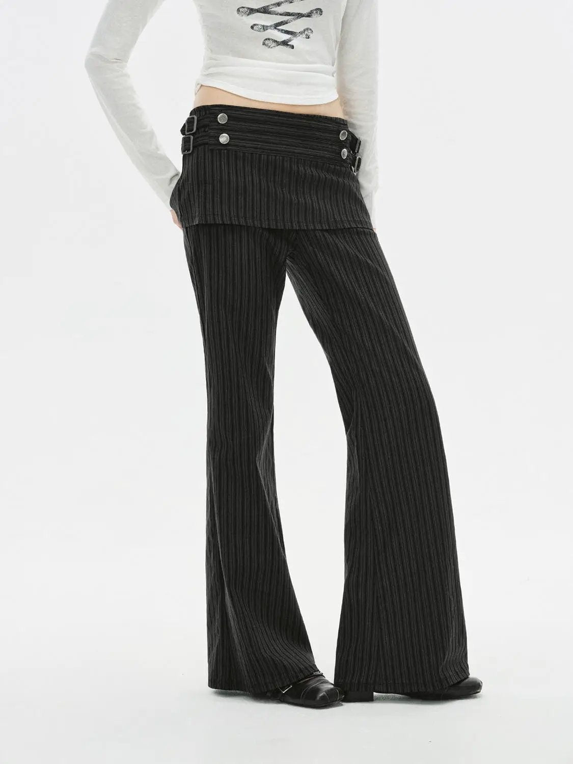 Charcoal Layered Peplum High-waisted Pinstripe Flared Pants