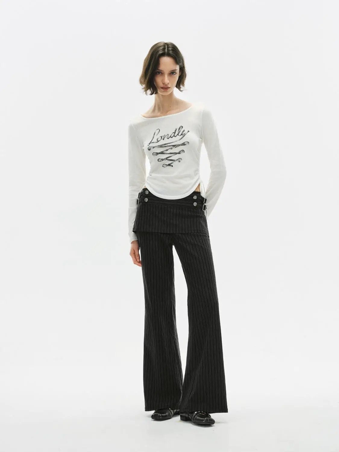 Charcoal Layered Peplum High-waisted Pinstripe Flared Pants