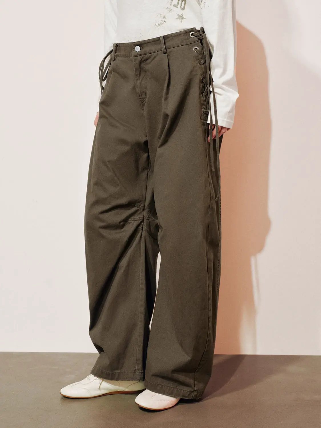 High-waisted Pleated Side Tie Cotton Wide-leg Pants