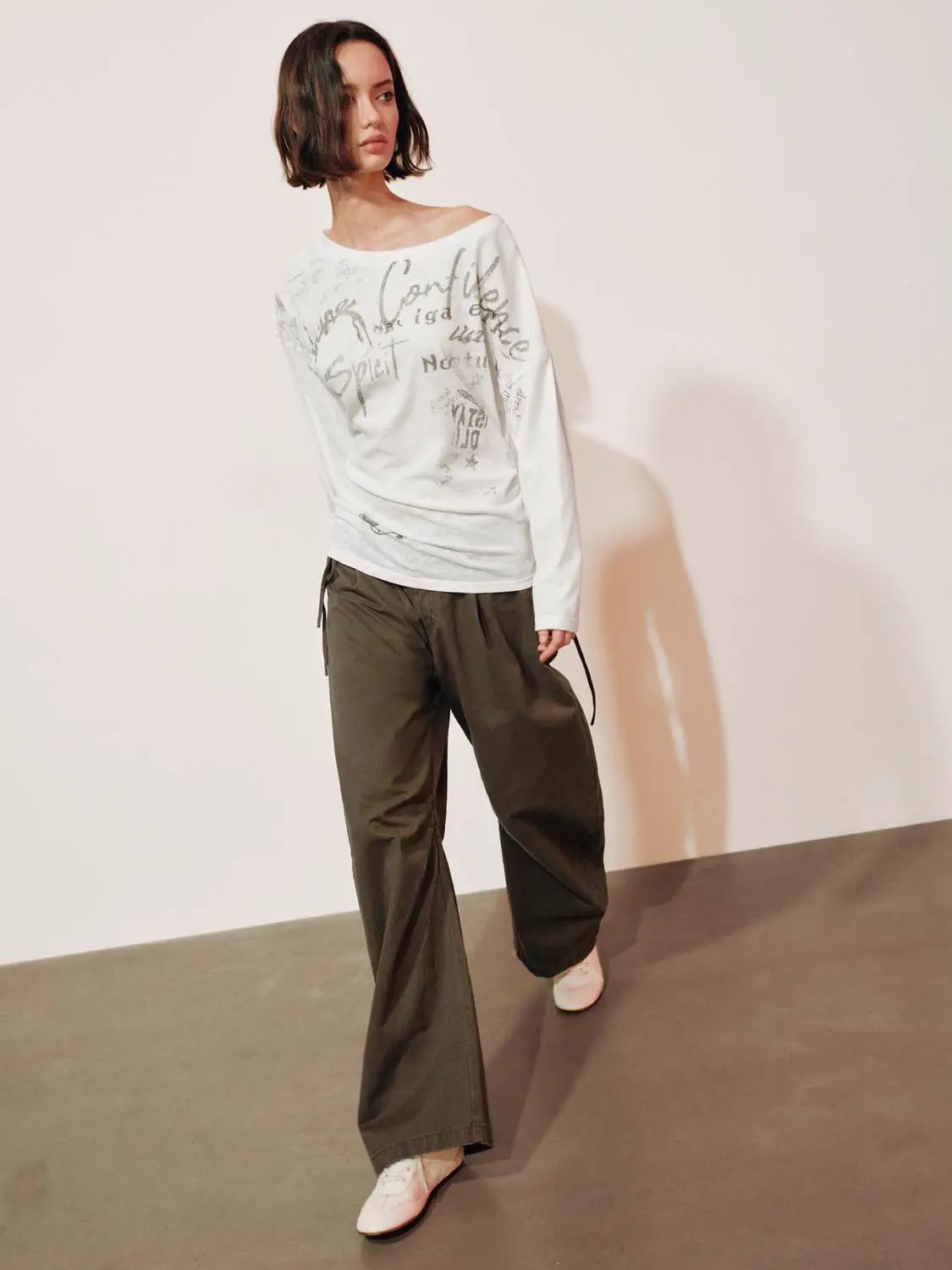 High-waisted Pleated Side Tie Cotton Wide-leg Pants