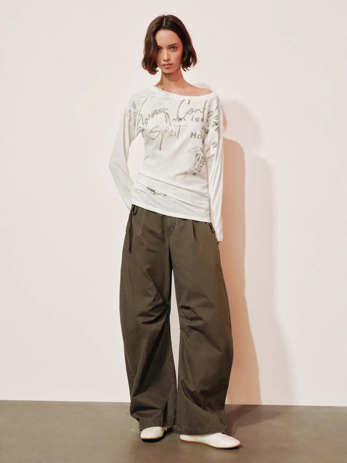 High-waisted Pleated Side Tie Cotton Wide-leg Pants