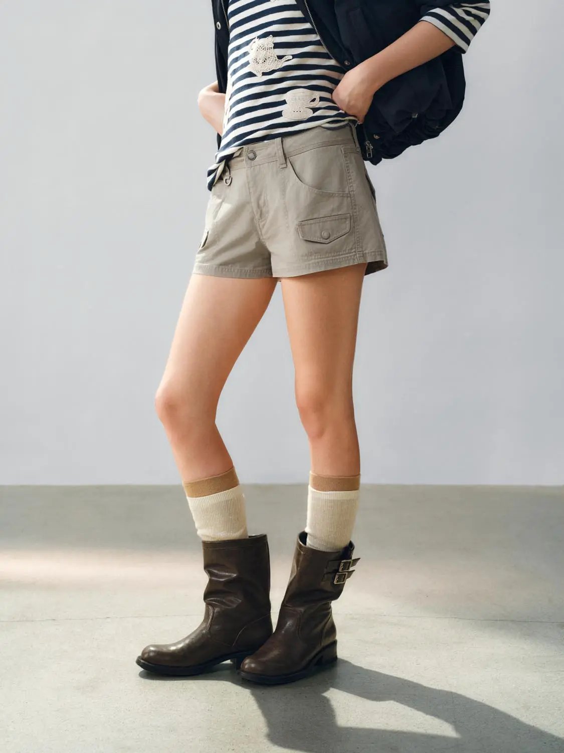 Mid-rise Cotton Blend Flap Pocket Shorts