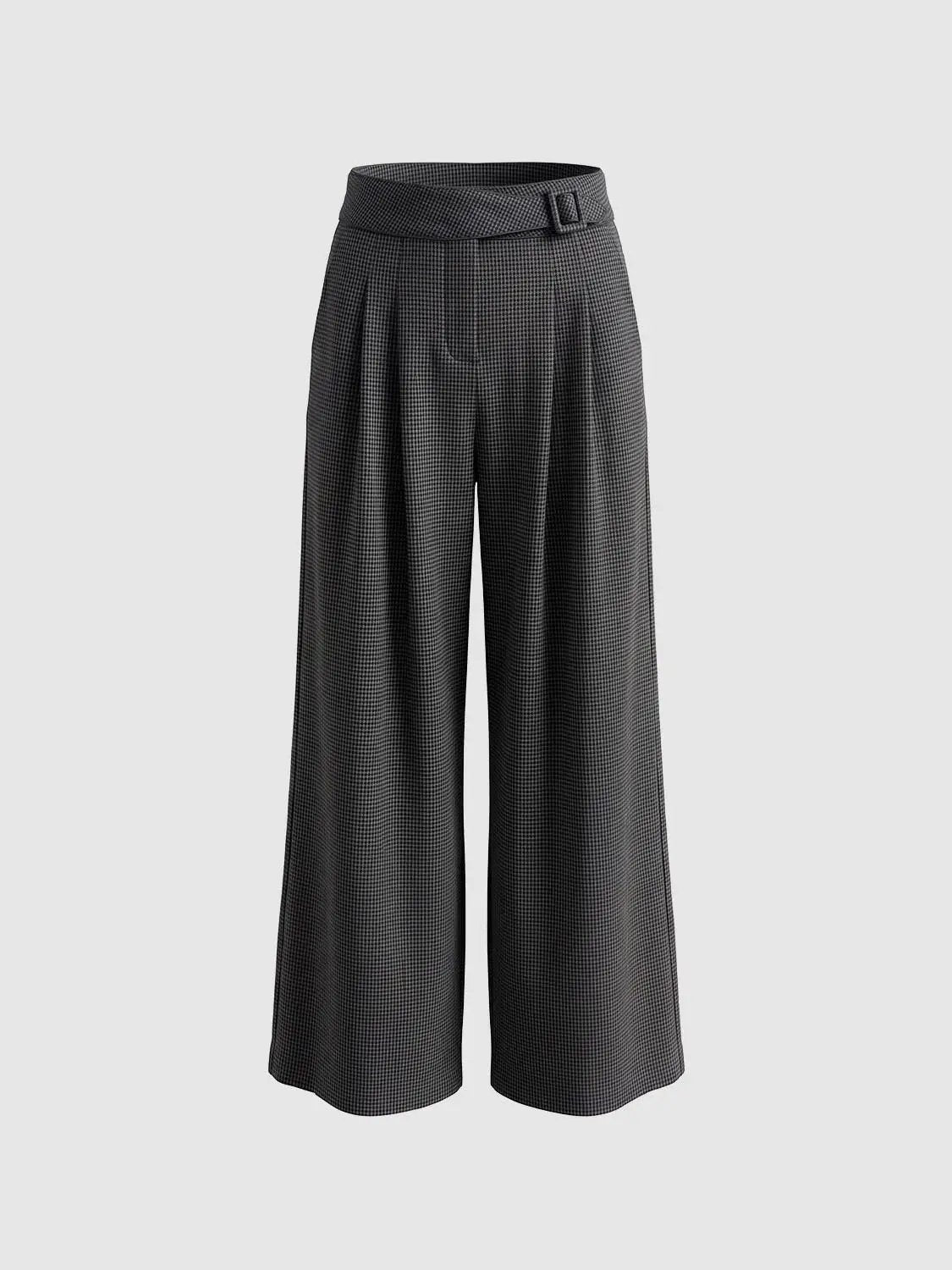 Mid-rise Belted Front Pleated Checked Wide-leg Pants
