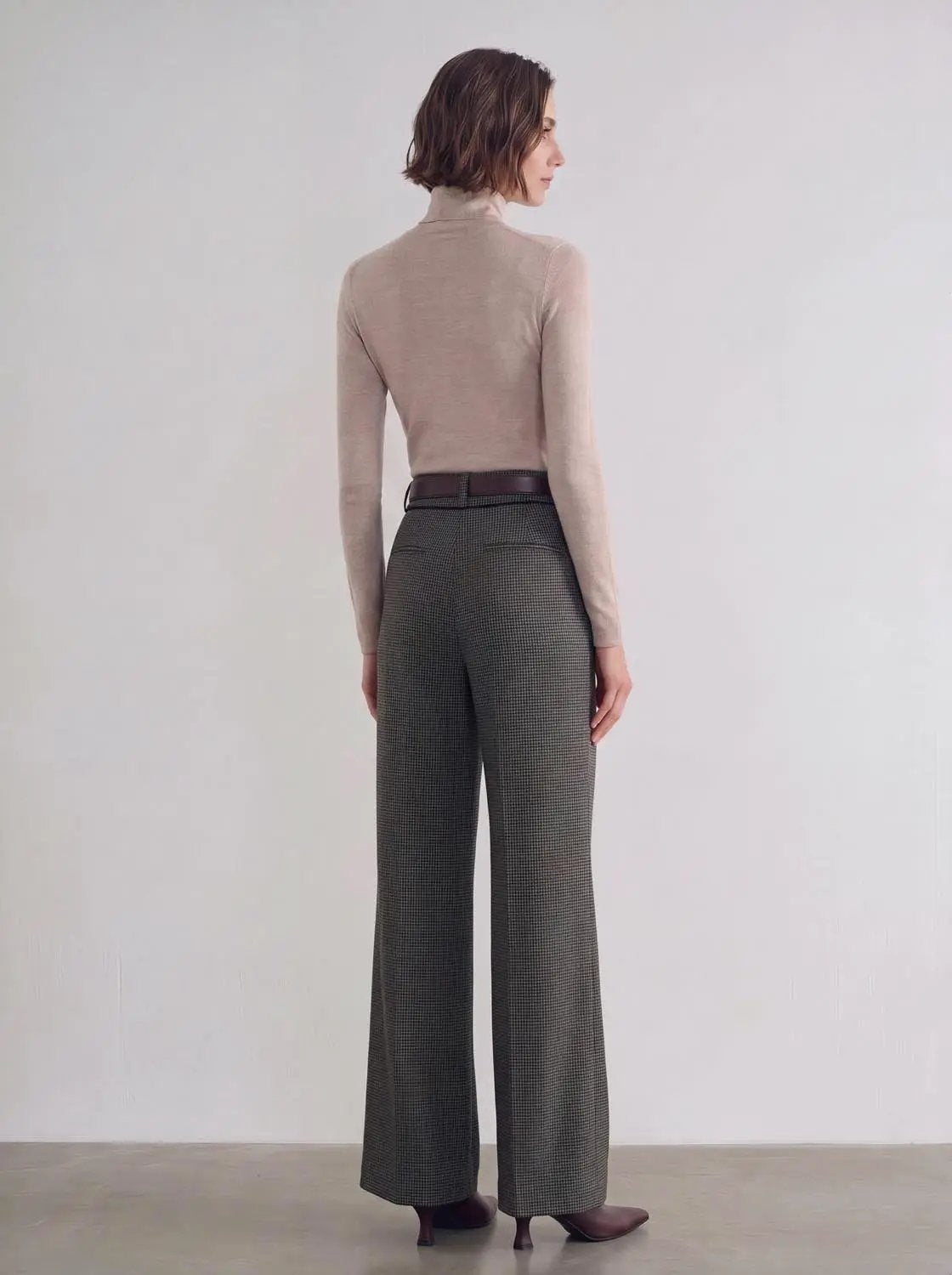 Mid-rise Belted Front Pleated Checked Wide-leg Pants