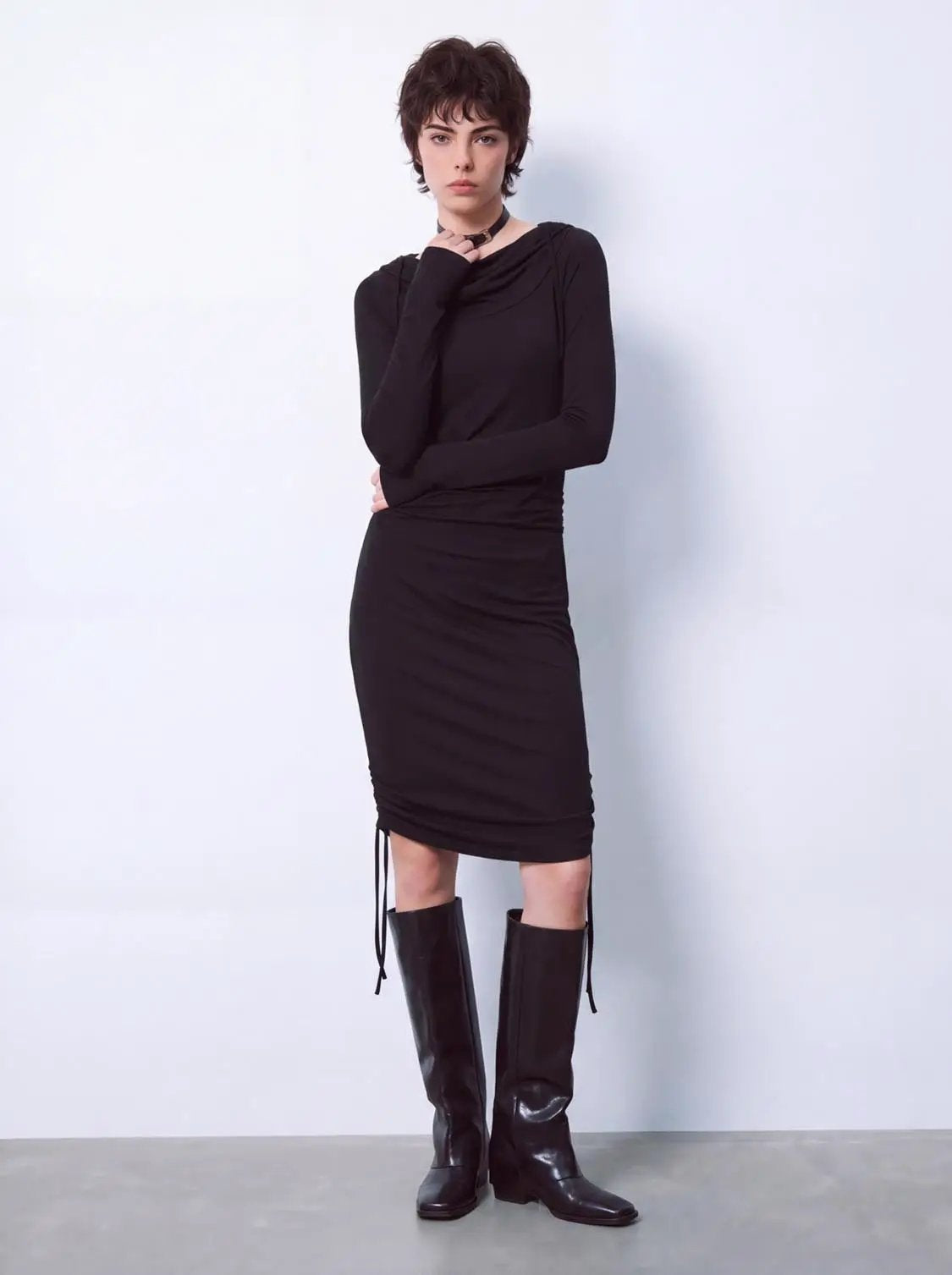 Hooded Cowl Neck Ruched Drawstring Slim Fit Mini Dress