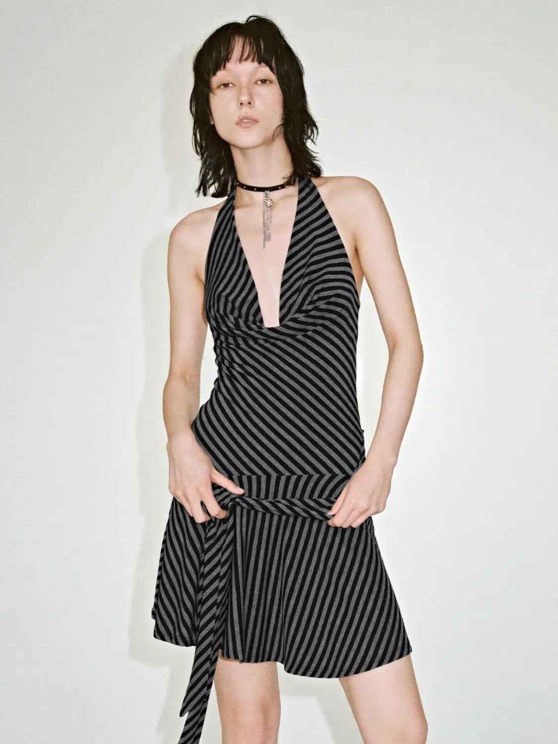 Halter Deep V Striped Ruched Sash Tie Flared Mini Dress
