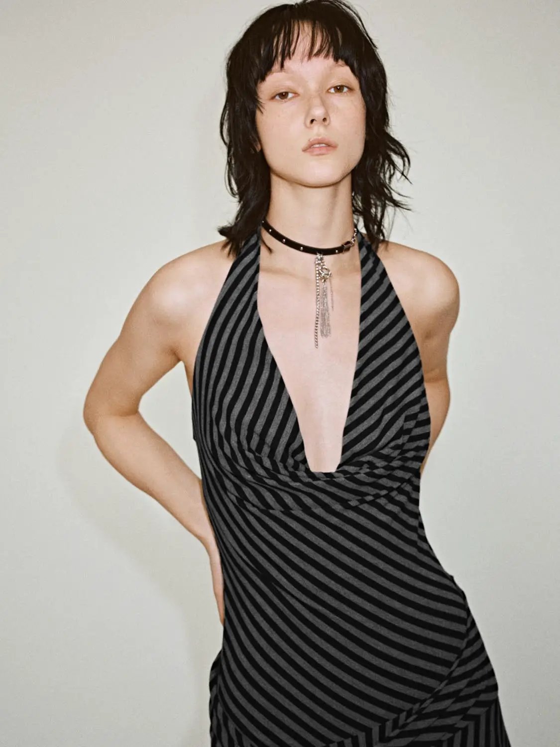 Halter Deep V Striped Ruched Sash Tie Flared Mini Dress