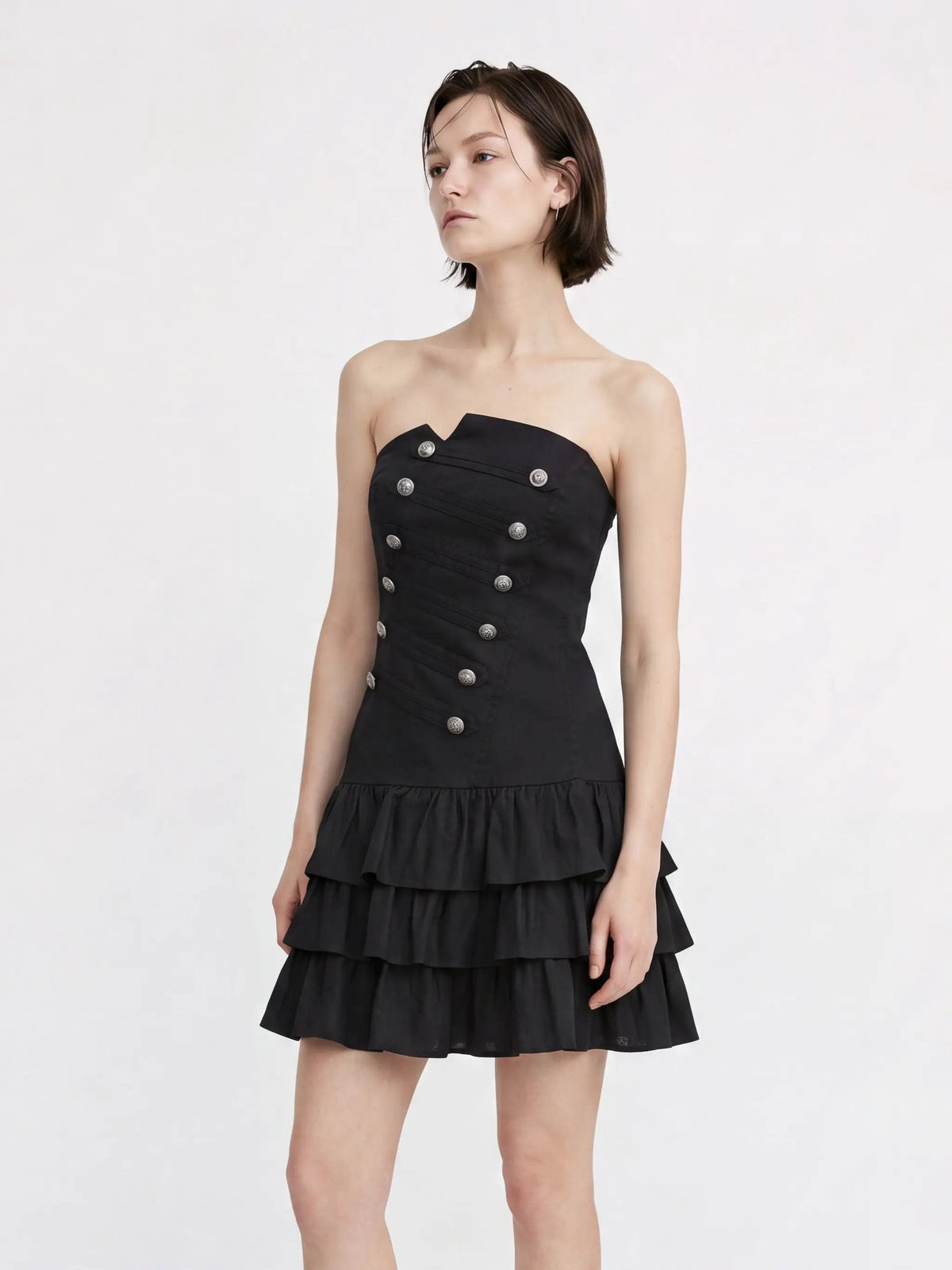 Strapless Corset Bodice Tiered Hem Cotton Linen Dress