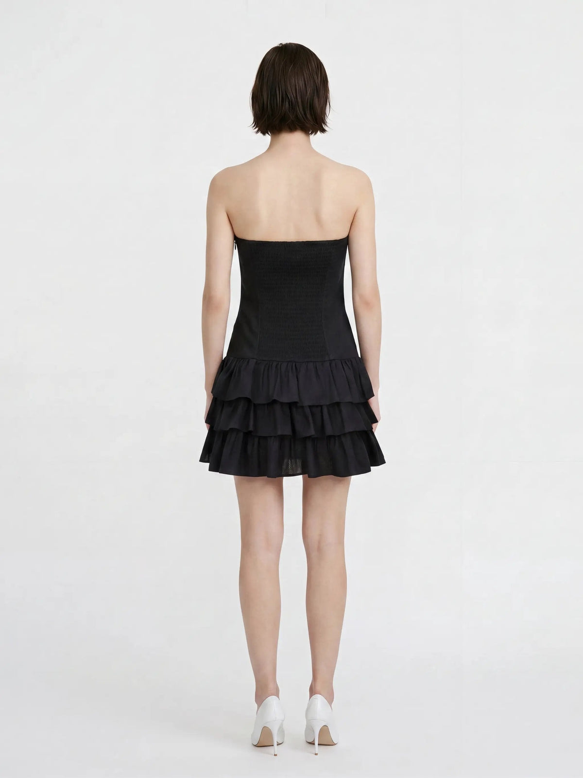 Strapless Corset Bodice Tiered Hem Cotton Linen Dress