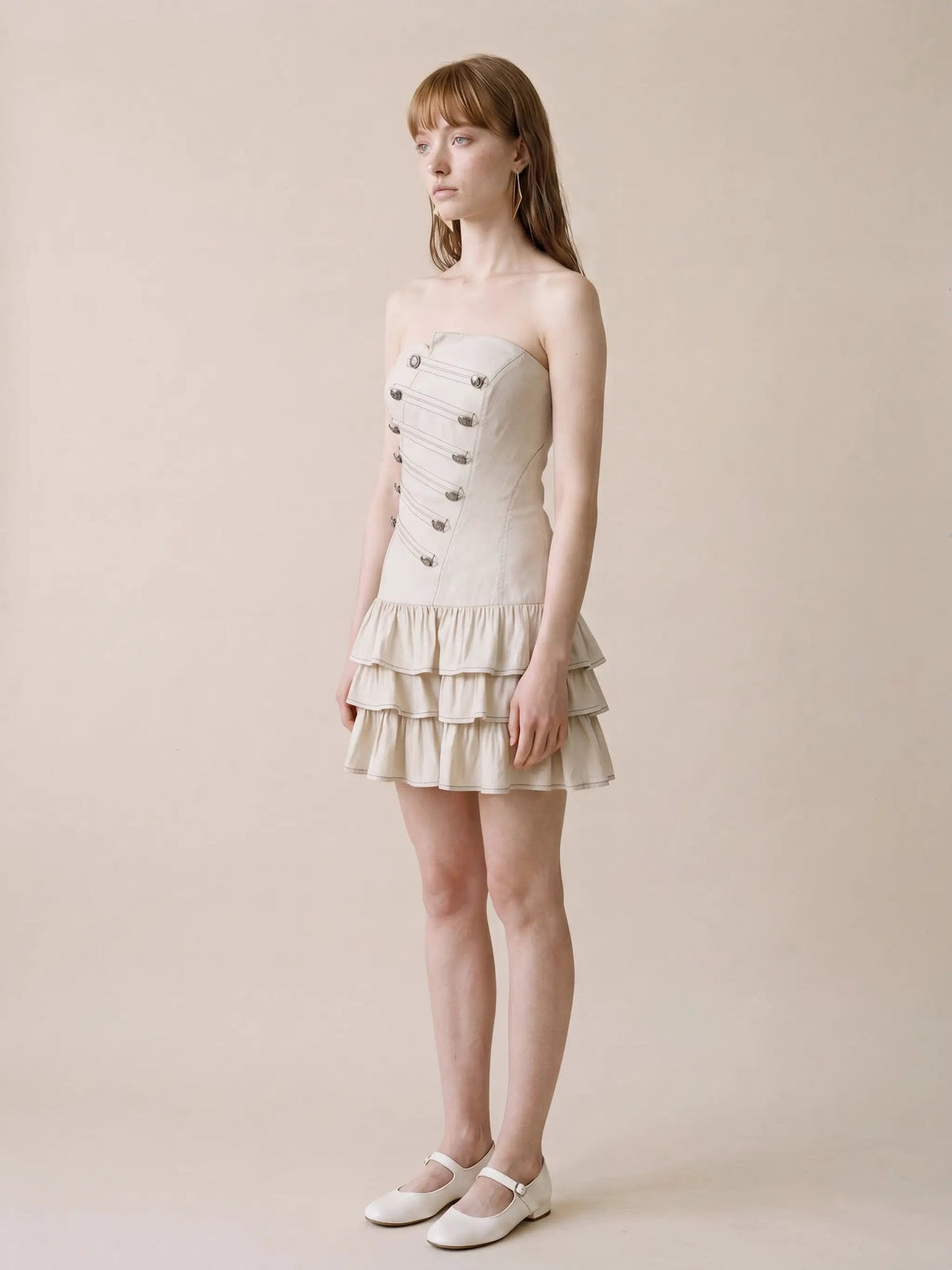 Strapless Corset Bodice Tiered Hem Cotton Linen Dress