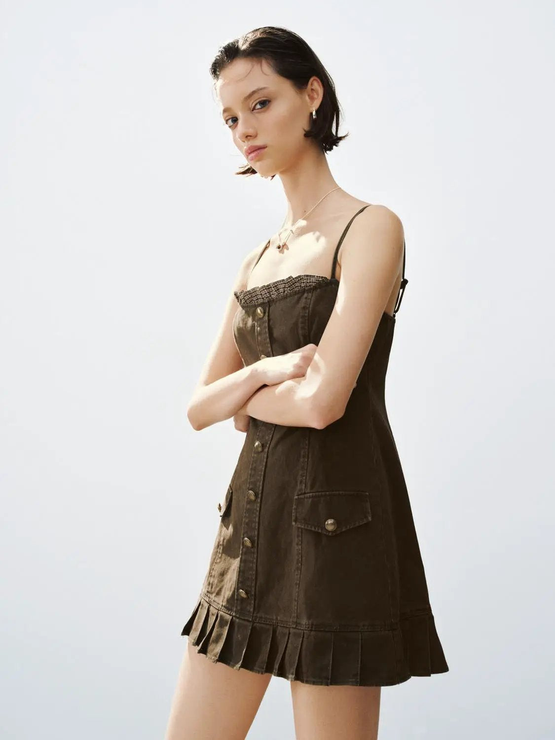 Pleated Ruffle A Line Button Front Sleeveless Mini Cotton Cami Dress