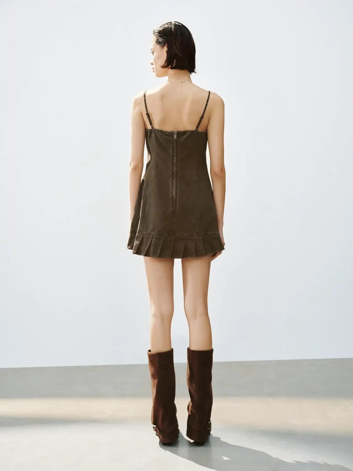 Pleated Ruffle A Line Button Front Sleeveless Mini Cotton Cami Dress