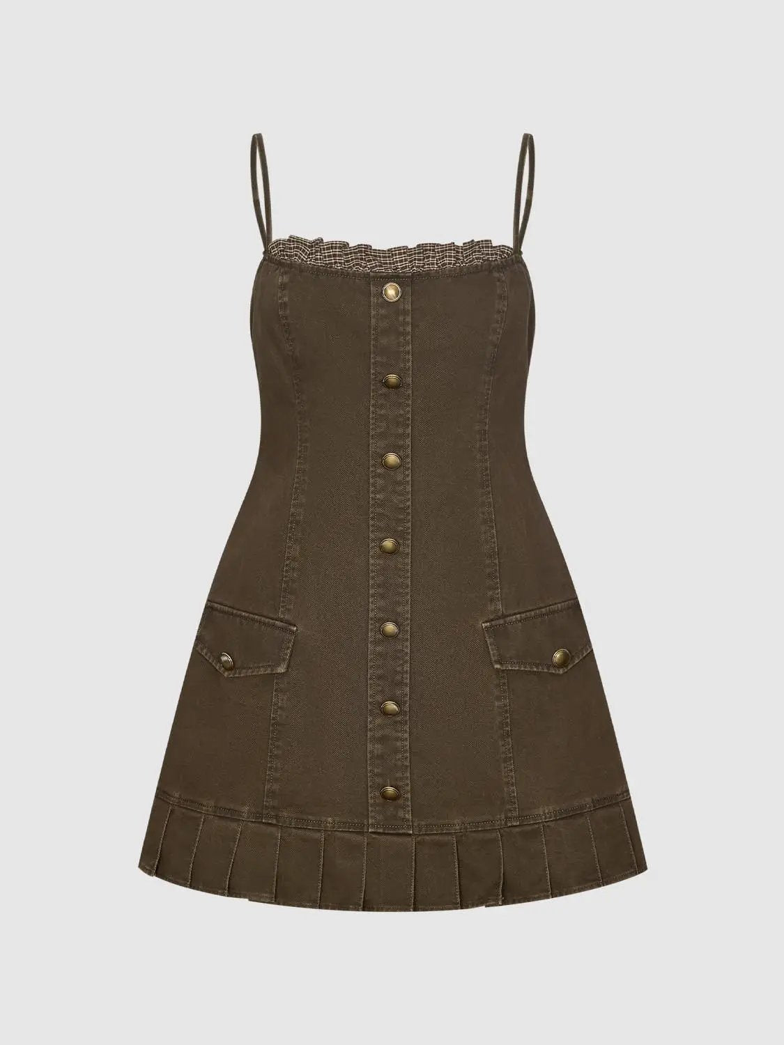 Pleated Ruffle A Line Button Front Sleeveless Mini Cotton Cami Dress
