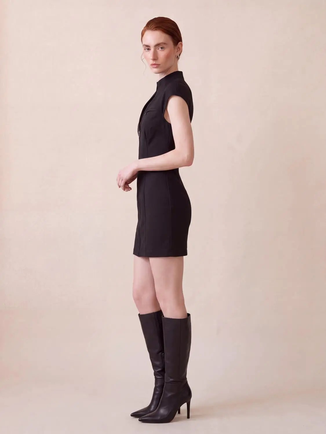 S-Shaped Zip Front Sleeveless Cotton Blend Mini Dress