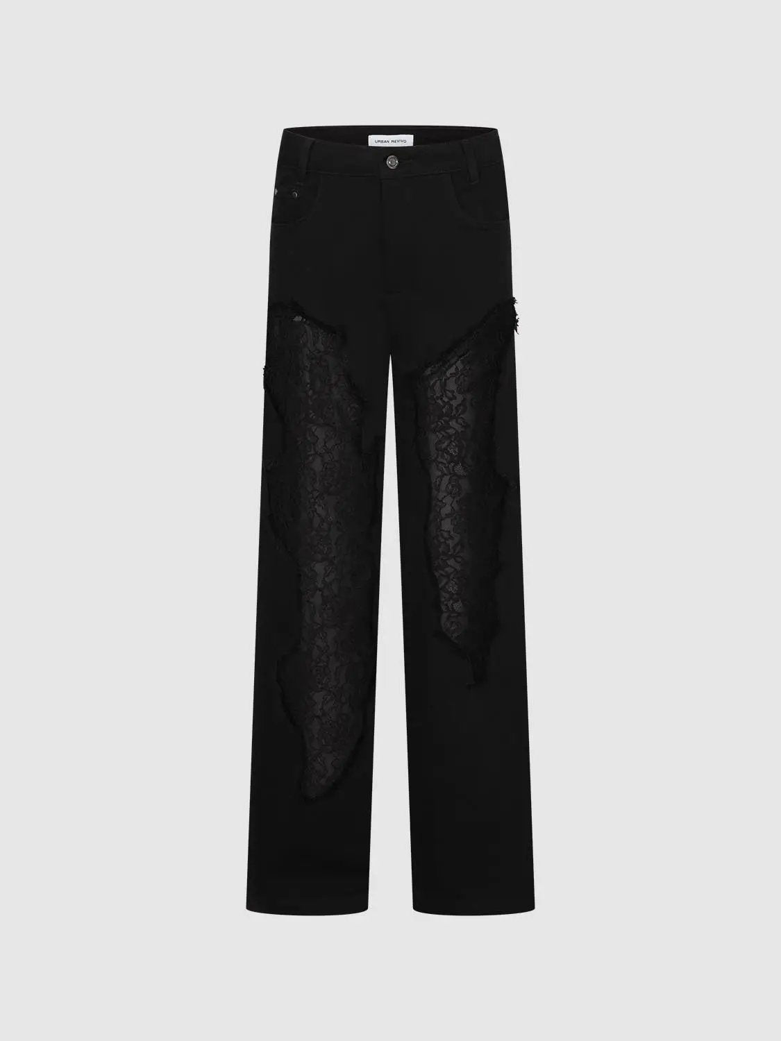 High Rise Ripped Lace Panel Wide Leg Cotton Jeans