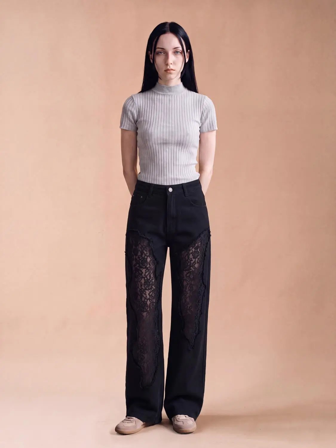 High Rise Ripped Lace Panel Wide Leg Cotton Jeans