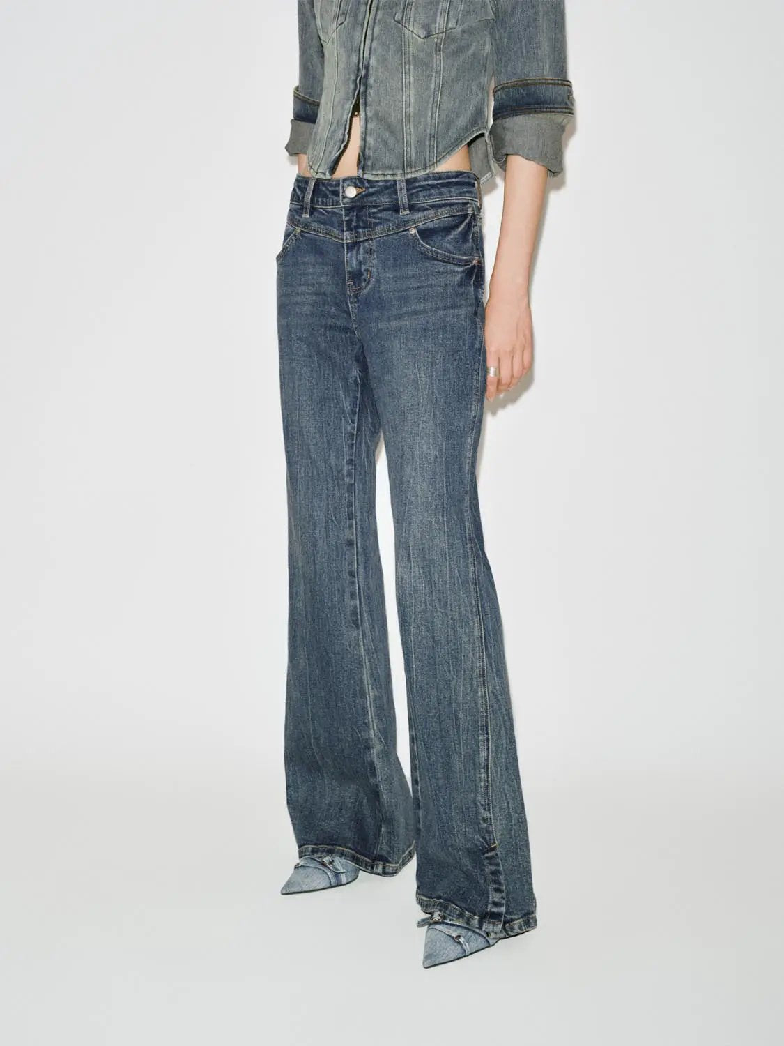 Classic Washed Design Flare Leg Cotton Denim Jeans