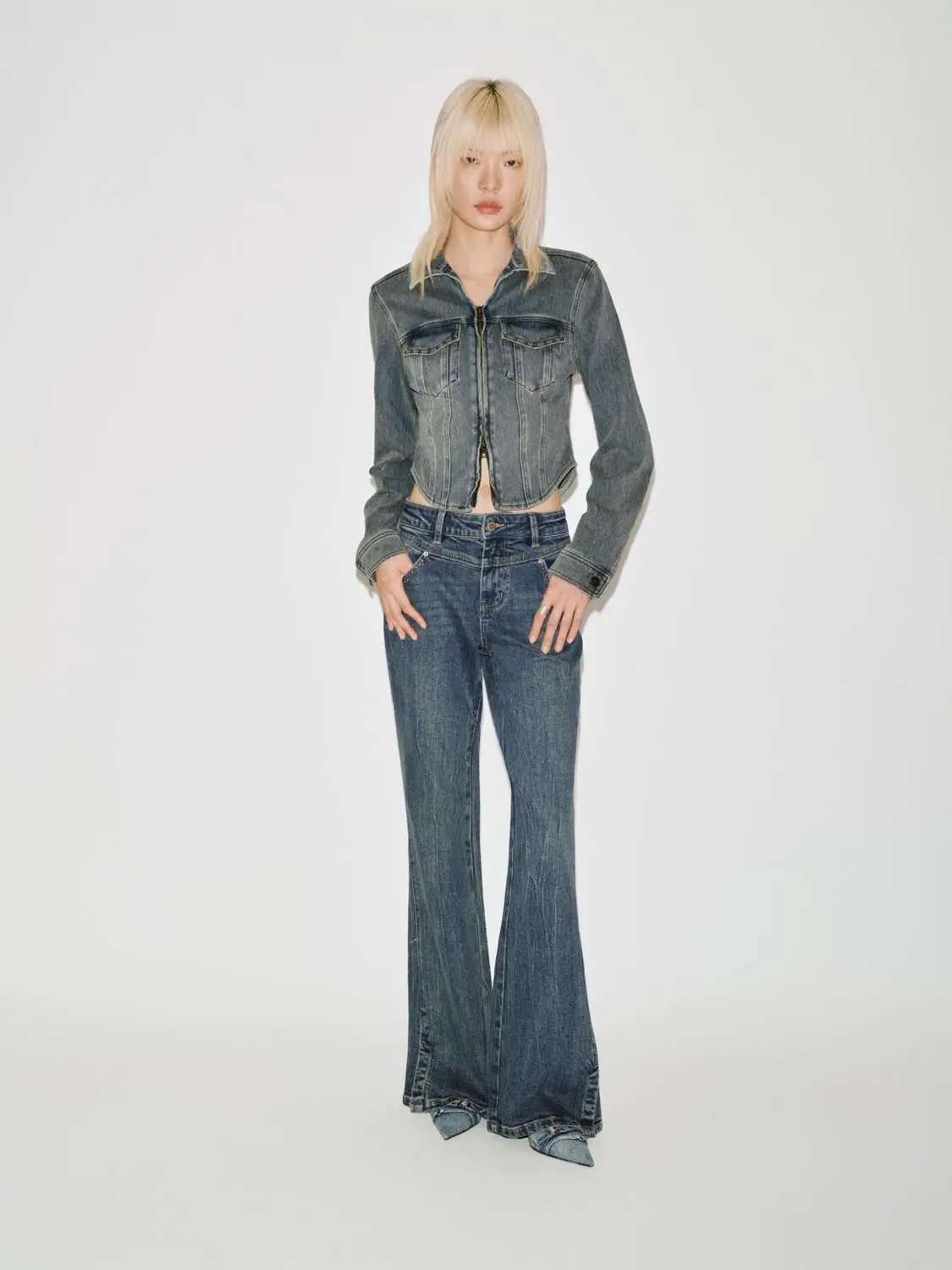 Classic Washed Design Flare Leg Cotton Denim Jeans
