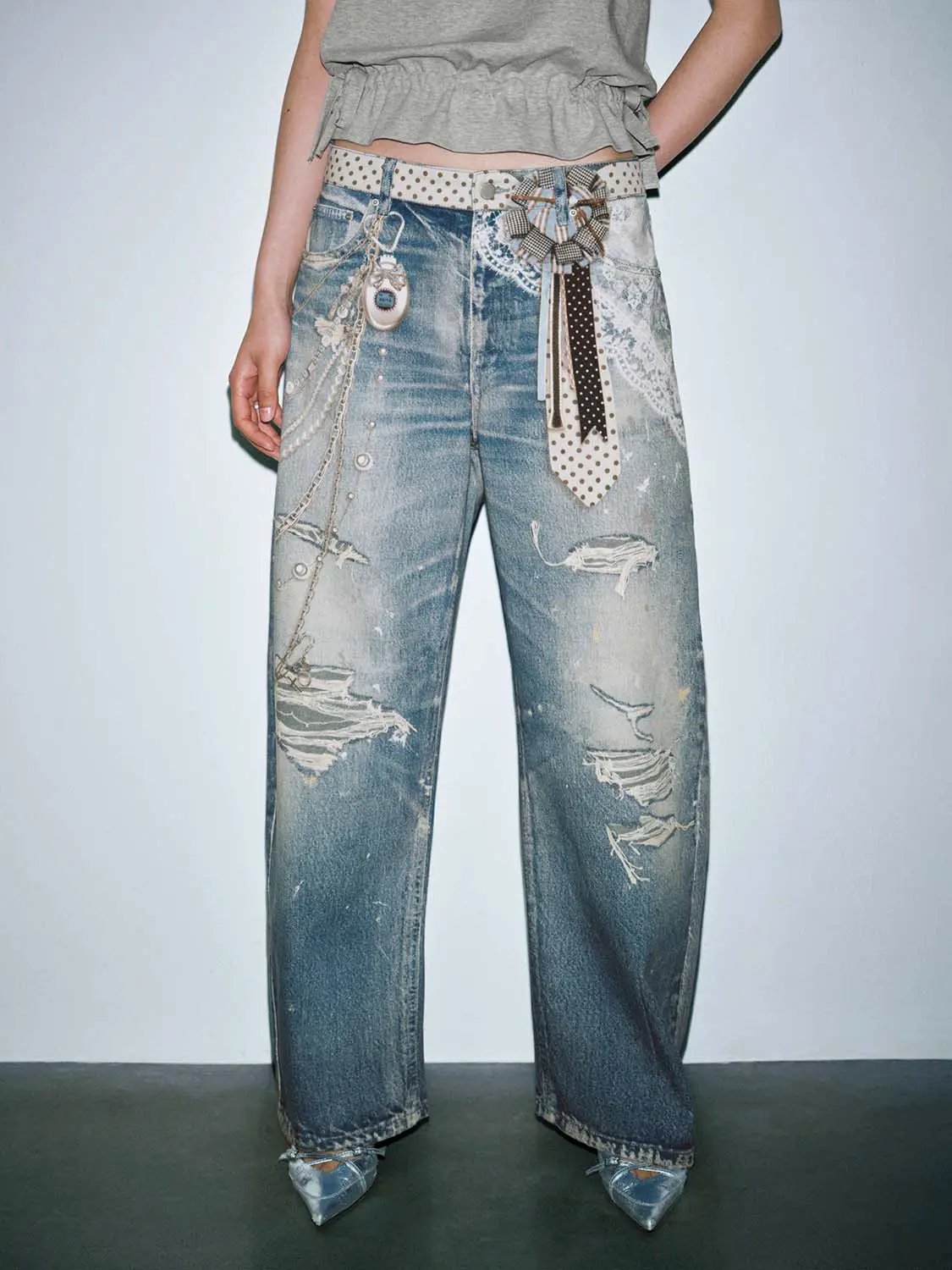 Distressed Splash Ink Raw Detail Wide Leg Cotton Denim Jeans