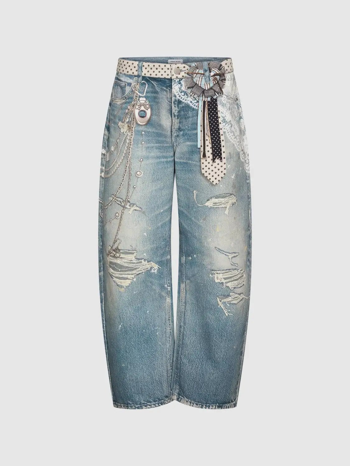 Distressed Splash Ink Raw Detail Wide Leg Cotton Denim Jeans