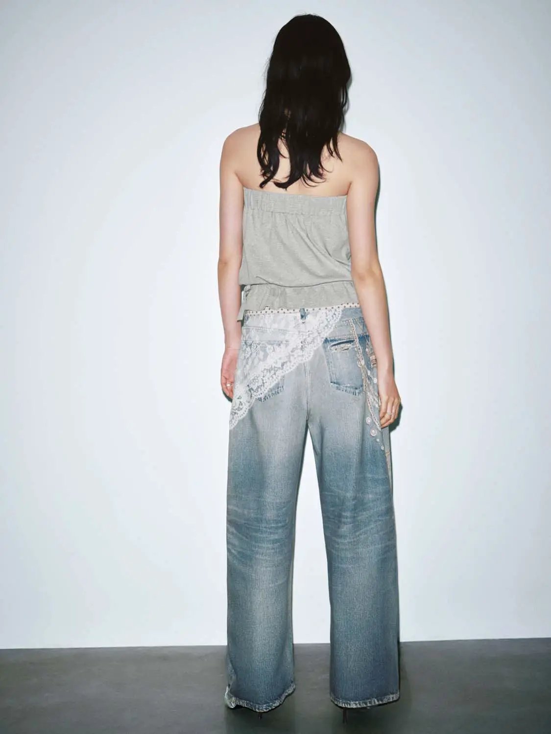 Distressed Splash Ink Raw Detail Wide Leg Cotton Denim Jeans