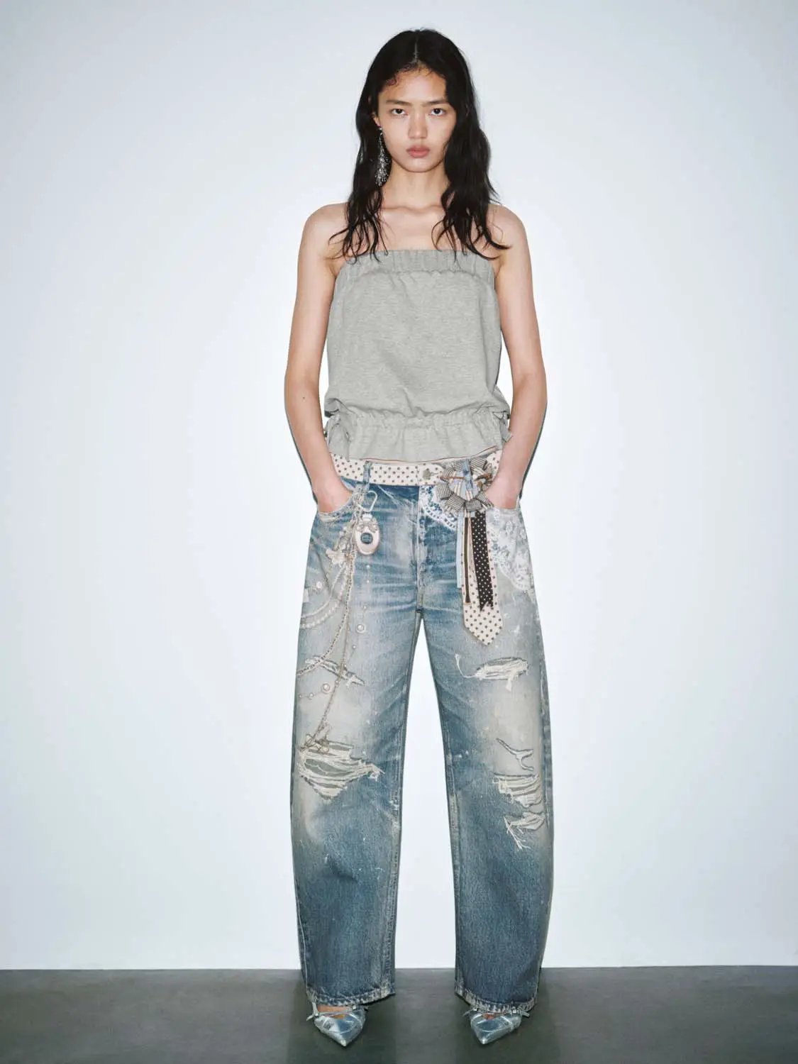 Distressed Splash Ink Raw Detail Wide Leg Cotton Denim Jeans