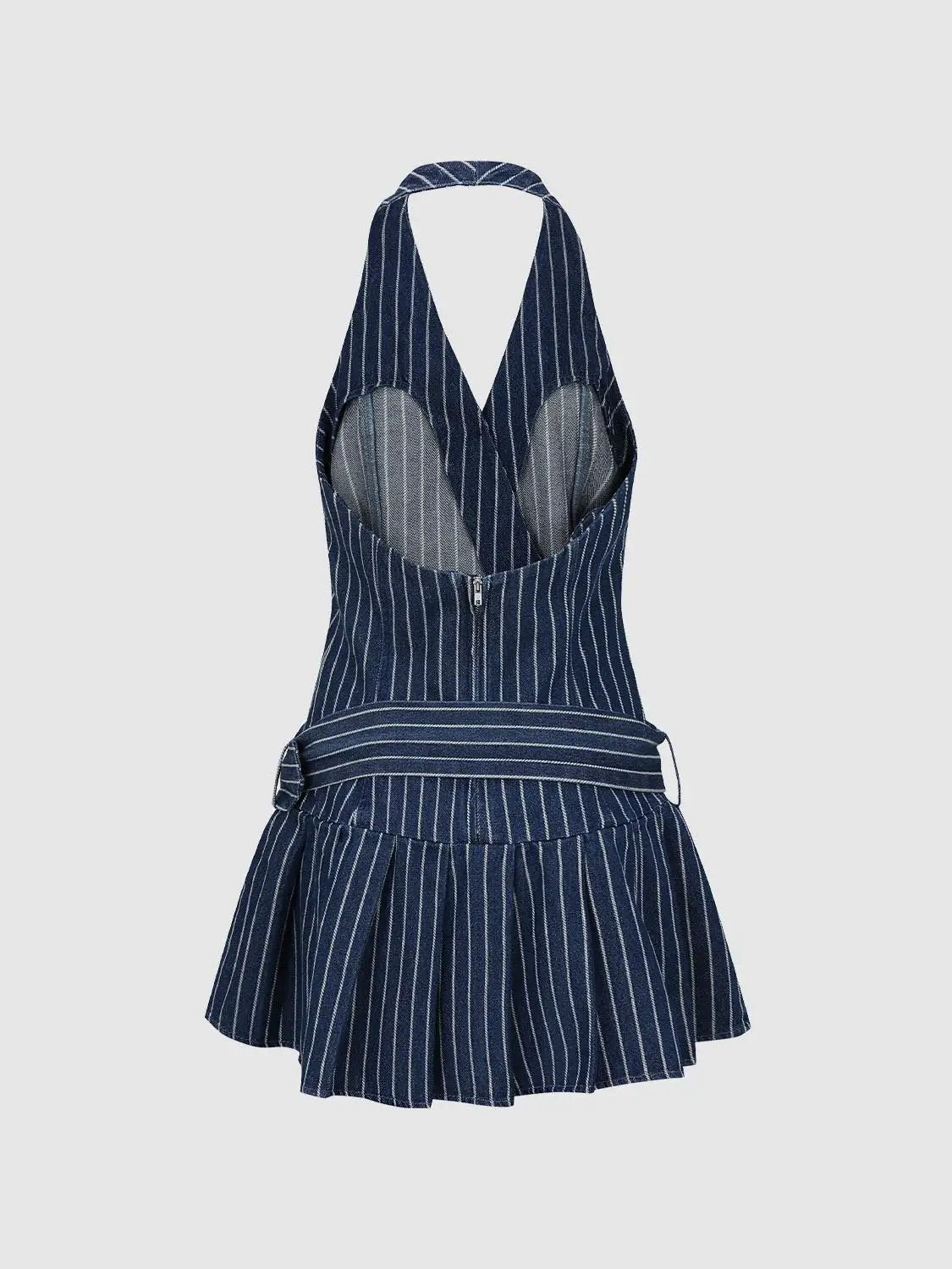 Belted Striped Pleated V-neck Sleeveless Mini Denim Dress