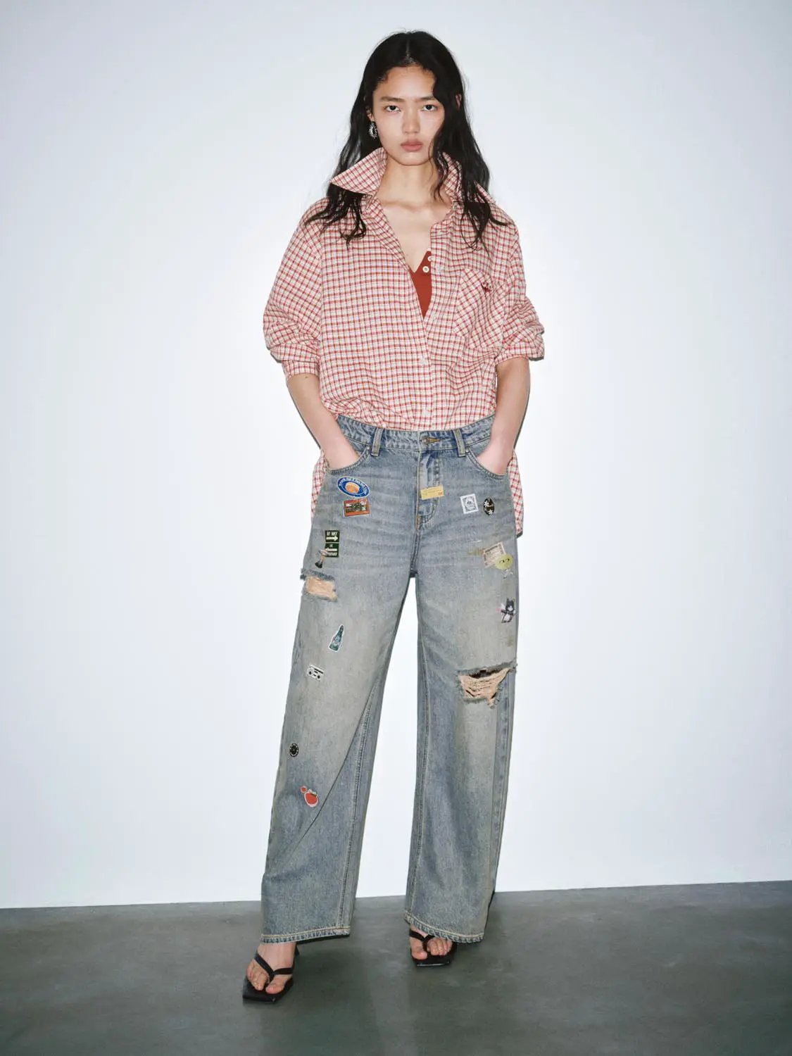 Patchwork Raw Detail Barrel Leg Denim Jeans