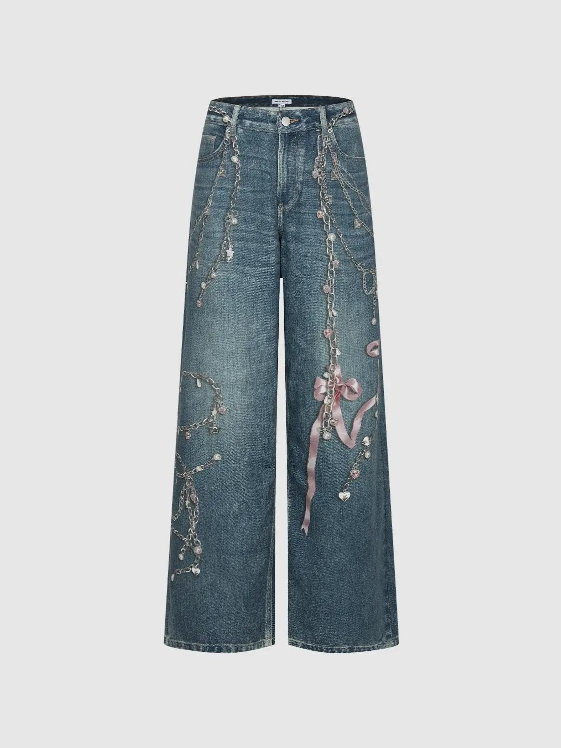 Decorated Printed Low-waisted Wide-leg Jeans