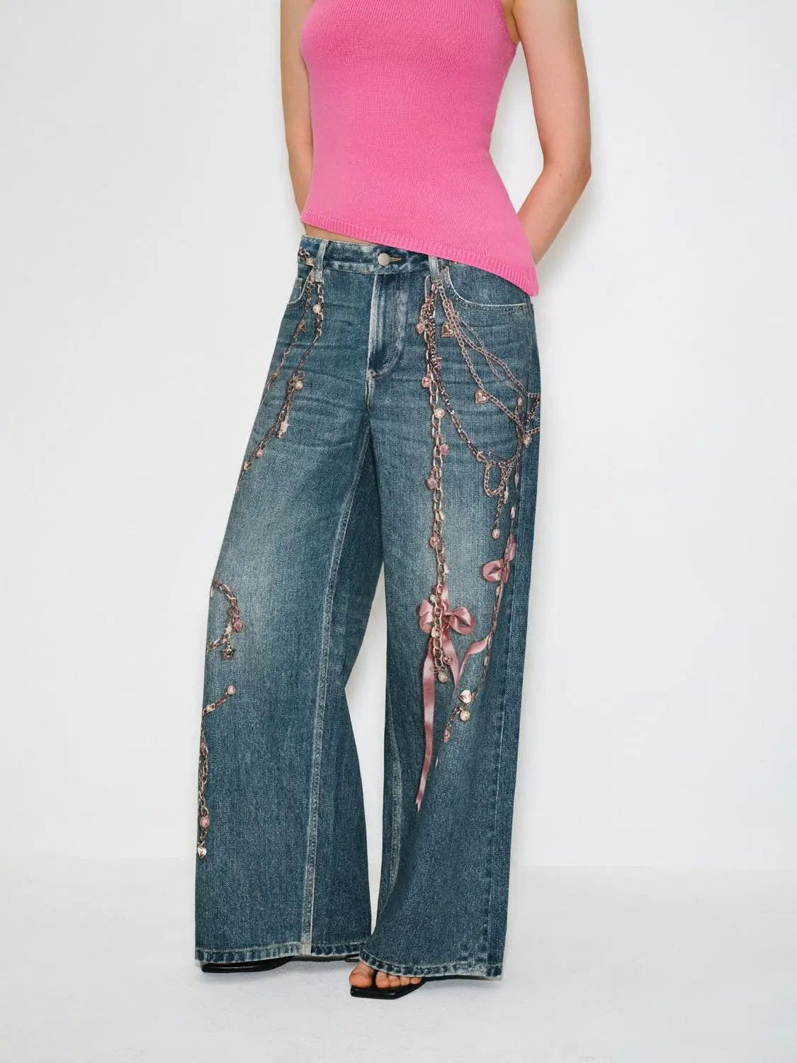 Decorated Printed Low-waisted Wide-leg Jeans