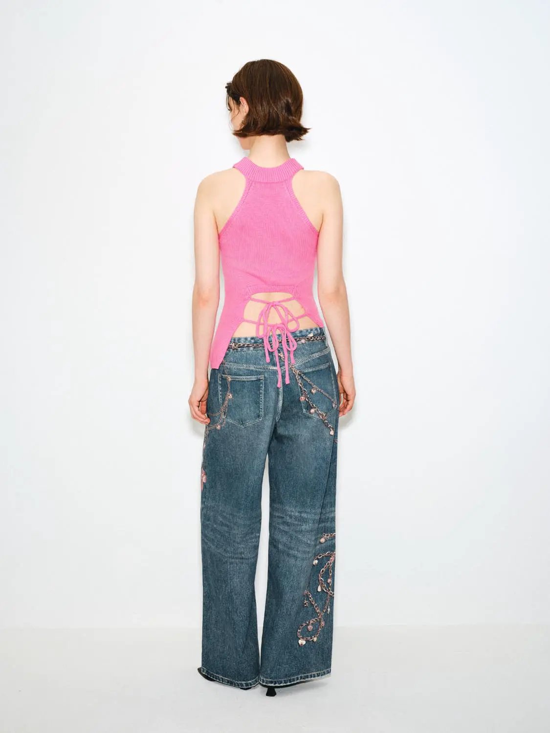 Decorated Printed Low-waisted Wide-leg Jeans
