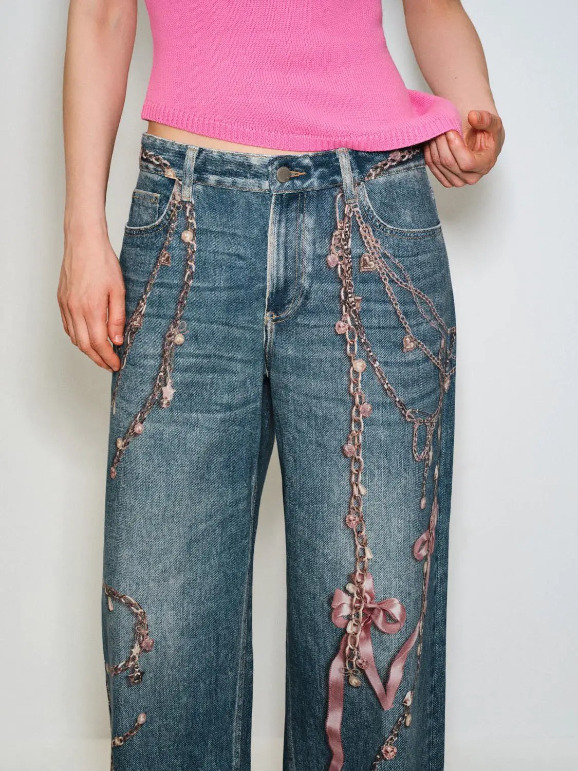 Decorated Printed Low-waisted Wide-leg Jeans